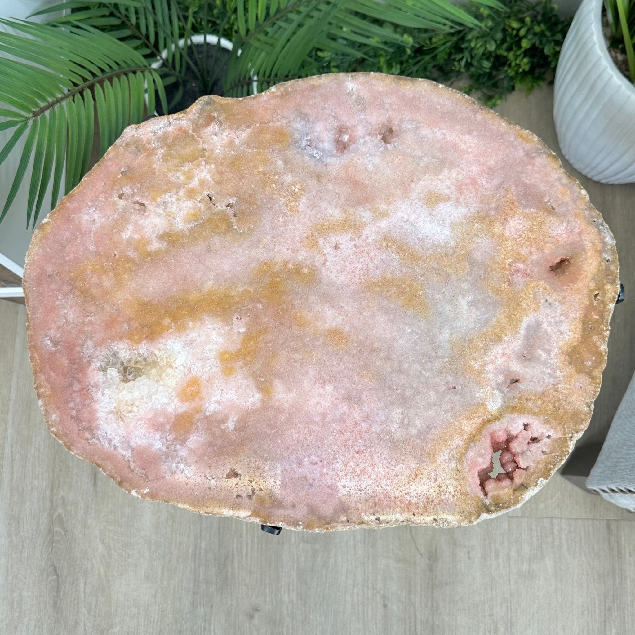 Natural Brazilian Pink Amethyst Side Table on a black metal base, 21.75" tall Model #1382-0003 by Brazil Gems - Brazil GemsBrazil GemsNatural Brazilian Pink Amethyst Side Table on a black metal base, 21.75" tall Model #1382-0003 by Brazil GemsTables: Side1382-0003