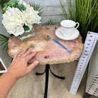 Natural Brazilian Pink Amethyst Side Table on a black metal base, 22" tall #1382-0009 - Brazil GemsBrazil GemsNatural Brazilian Pink Amethyst Side Table on a black metal base, 22" tall #1382-0009Tables: Side1382-0009