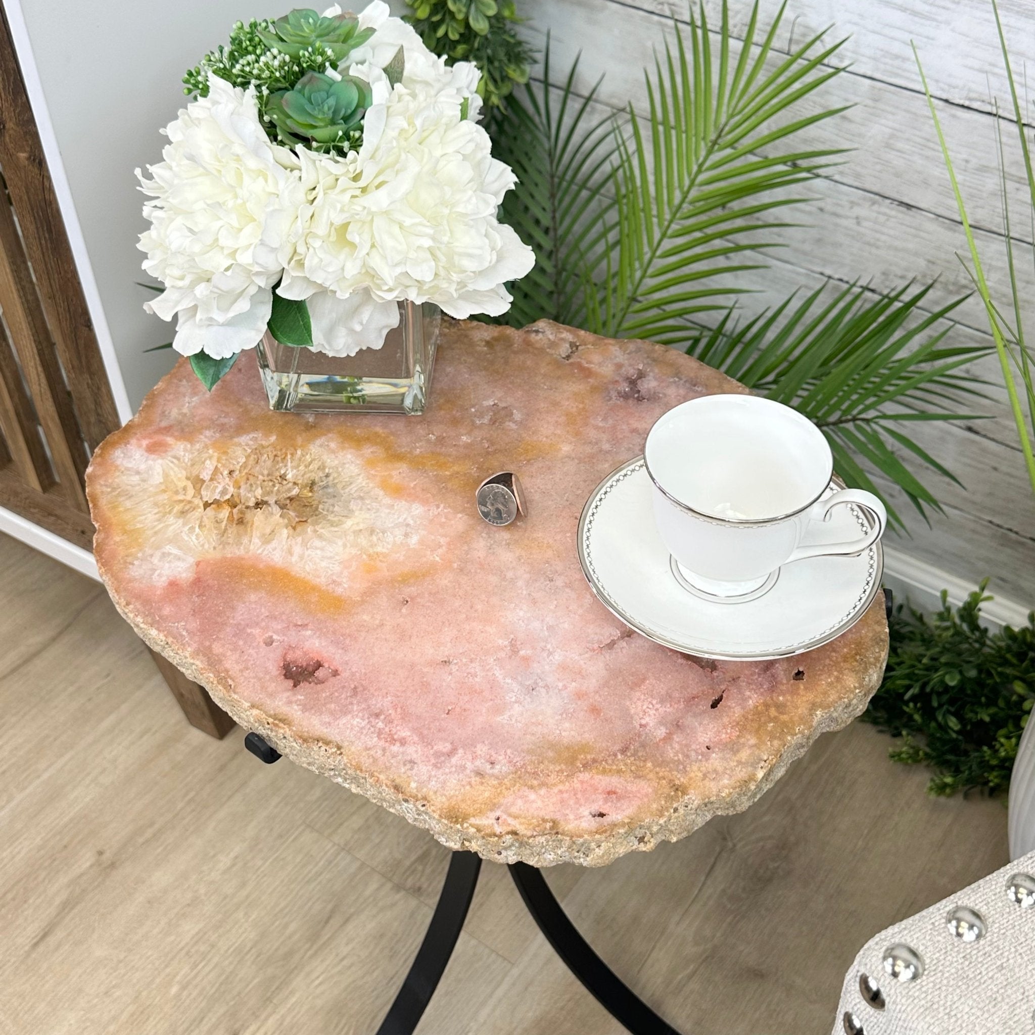Natural Brazilian Pink Amethyst Side Table on a black metal base, 22" tall #1382-0009 - Brazil GemsBrazil GemsNatural Brazilian Pink Amethyst Side Table on a black metal base, 22" tall #1382-0009Tables: Side1382-0009