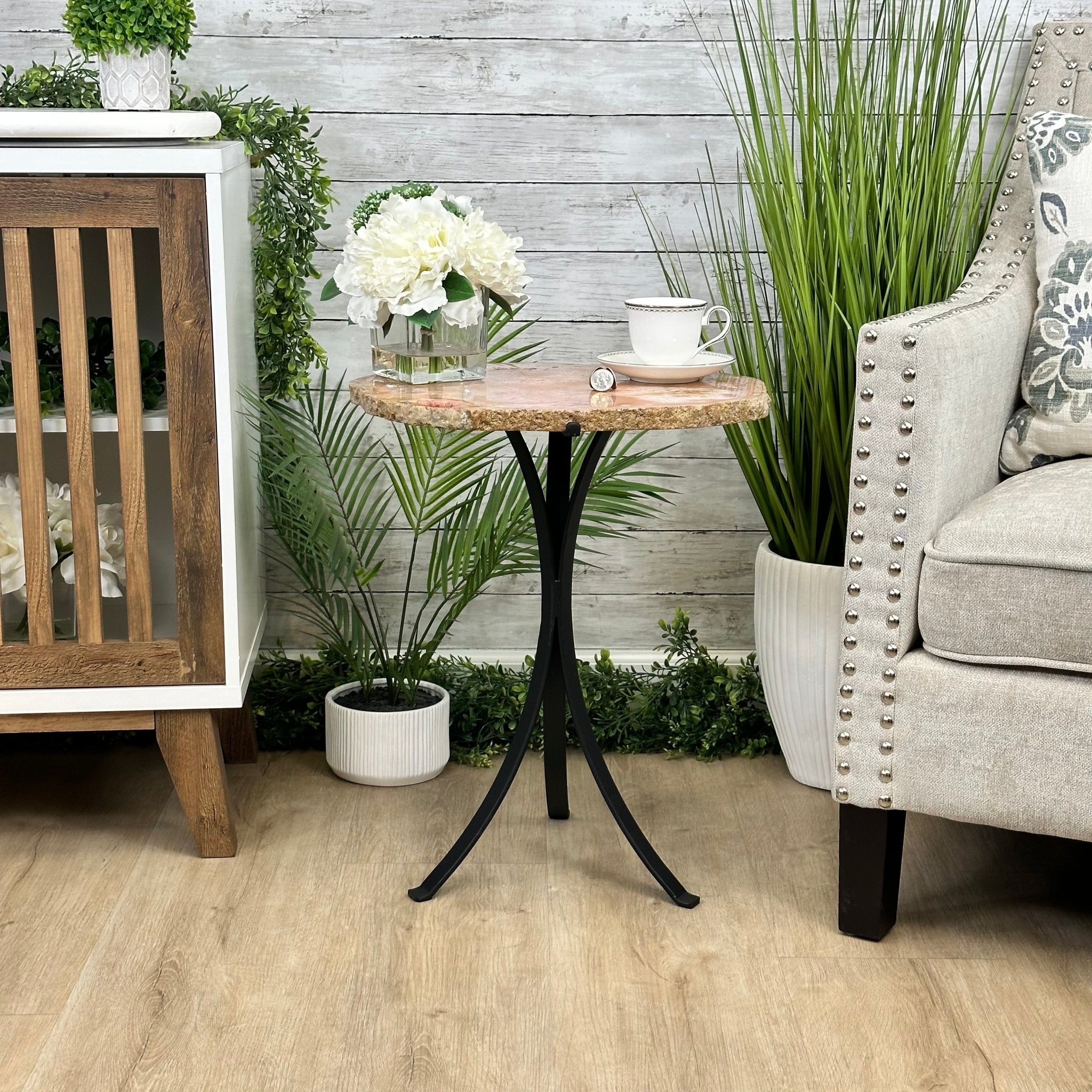 Natural Brazilian Pink Amethyst Side Table on a black metal base, 22" tall #1382-0010 - Brazil GemsBrazil GemsNatural Brazilian Pink Amethyst Side Table on a black metal base, 22" tall #1382-0010Tables: Side1382-0010