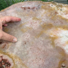 Natural Brazilian Pink Amethyst Side Table on a black metal base, 22" tall #1382-0010 - Brazil GemsBrazil GemsNatural Brazilian Pink Amethyst Side Table on a black metal base, 22" tall #1382-0010Tables: Side1382-0010