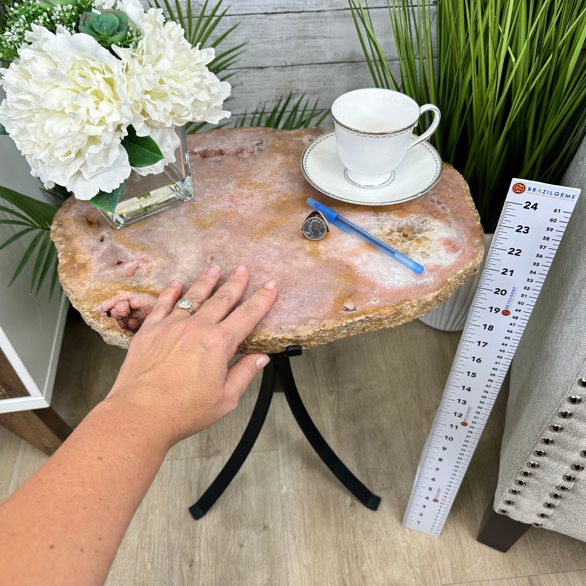 Natural Brazilian Pink Amethyst Side Table on a black metal base, 22" tall #1382-0010 - Brazil GemsBrazil GemsNatural Brazilian Pink Amethyst Side Table on a black metal base, 22" tall #1382-0010Tables: Side1382-0010