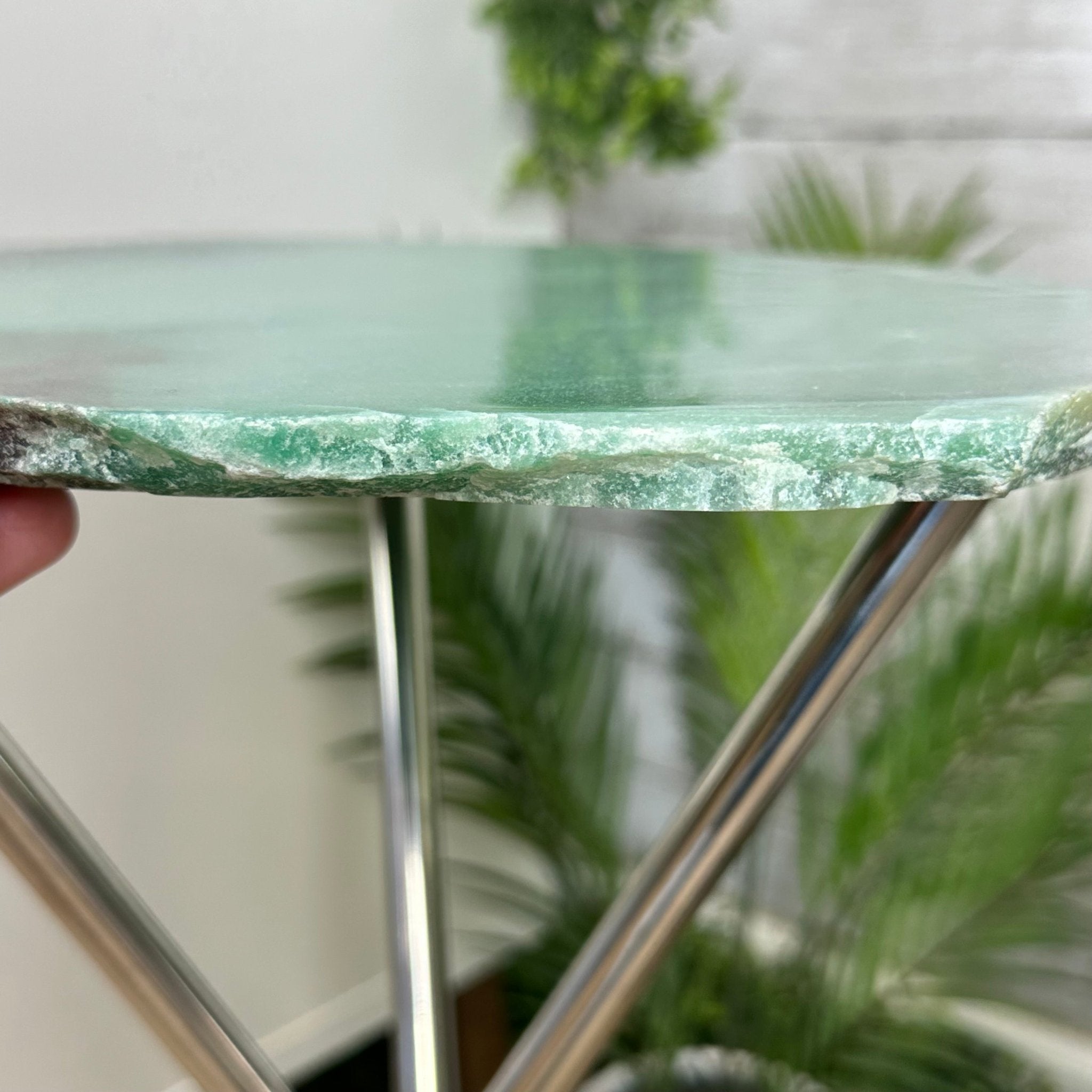 Natural Green Quartz Side Table on a Chrome Metal Base, 23.6" Tall #1341GQ-002 - Brazil GemsBrazil GemsNatural Green Quartz Side Table on a Chrome Metal Base, 23.6" Tall #1341GQ-002Tables: Side1341GQ-002