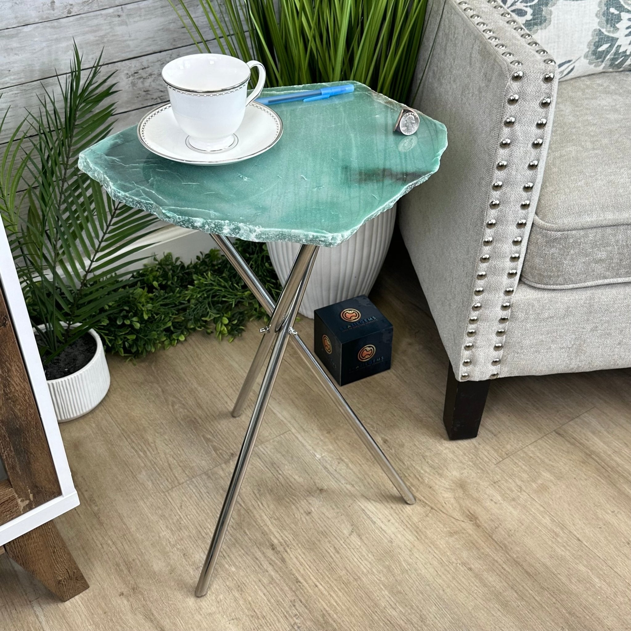Natural Green Quartz Side Table on a Chrome Metal Base, 23.6" Tall #1341GQ-002 - Brazil GemsBrazil GemsNatural Green Quartz Side Table on a Chrome Metal Base, 23.6" Tall #1341GQ-002Tables: Side1341GQ-002