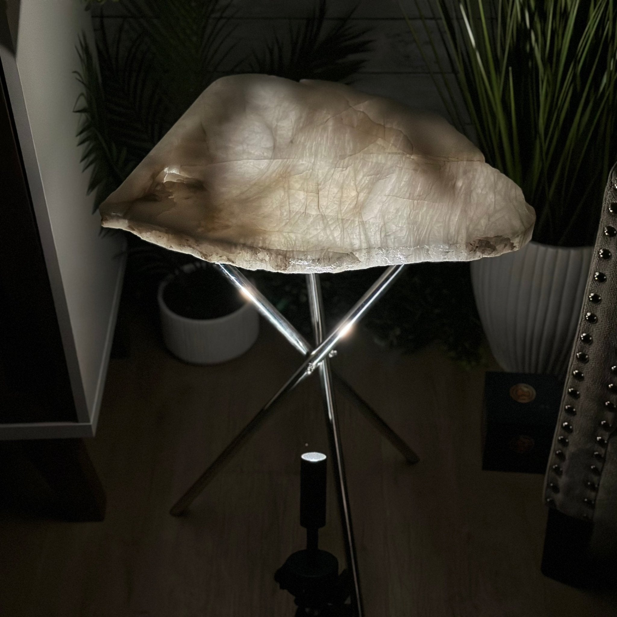 Natural Milky Quartz Side Table on Chrome Metal Base, 23.8" Tall #1341MQ-003 - Brazil GemsBrazil GemsNatural Milky Quartz Side Table on Chrome Metal Base, 23.8" Tall #1341MQ-003Tables: Side1341MQ-003
