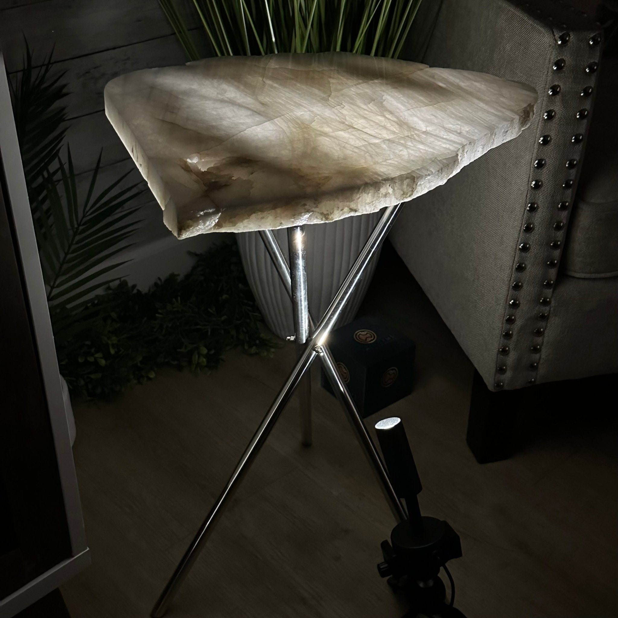 Natural Milky Quartz Side Table on Chrome Metal Base, 23.8" Tall #1341MQ-003 - Brazil GemsBrazil GemsNatural Milky Quartz Side Table on Chrome Metal Base, 23.8" Tall #1341MQ-003Tables: Side1341MQ-003