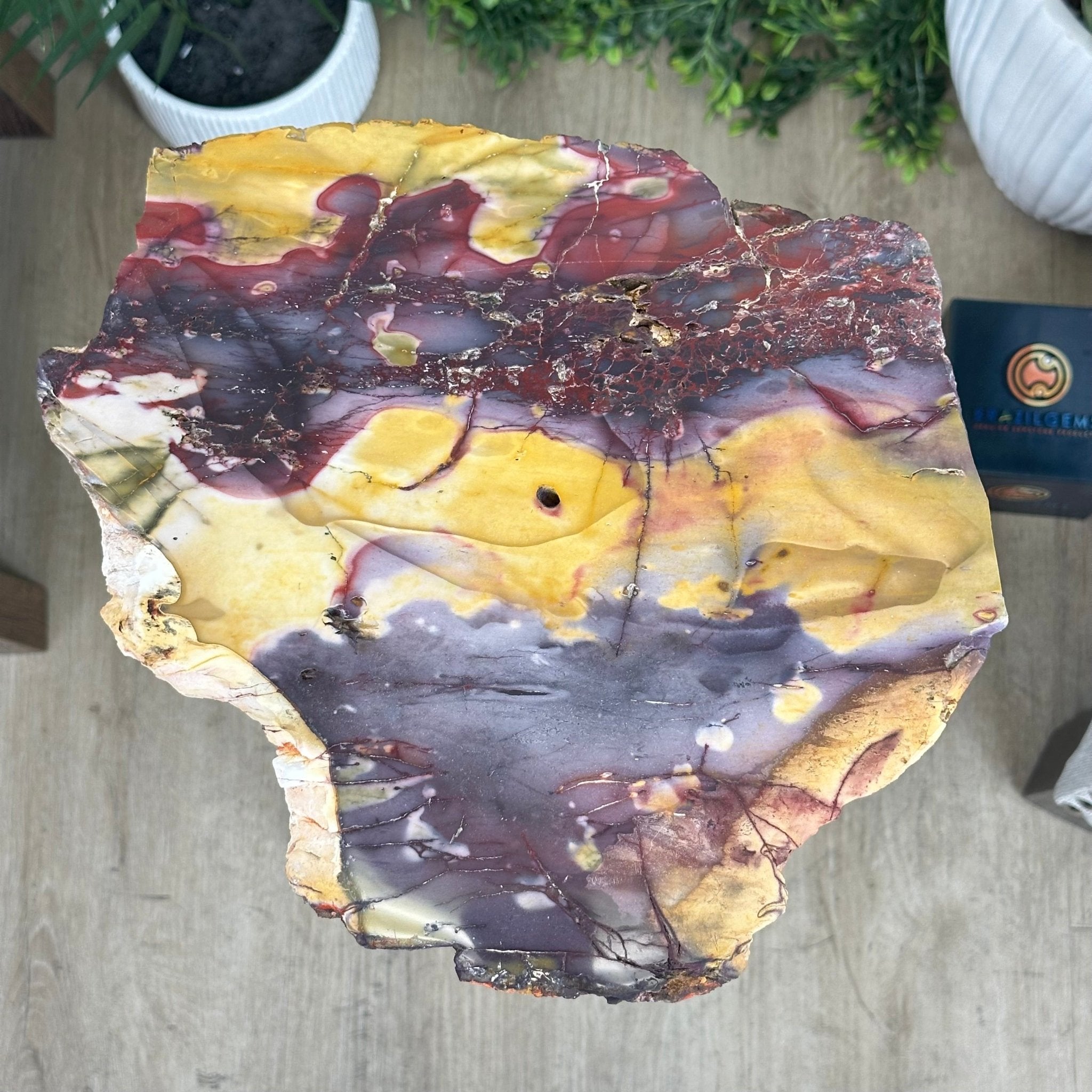 Natural Mookaite Jasper Side Table on Gold Metal Base, 24.8" Tall #1340MJ-002 - Brazil GemsBrazil GemsNatural Mookaite Jasper Side Table on Gold Metal Base, 24.8" Tall #1340MJ-002Tables: Side1340MJ-002