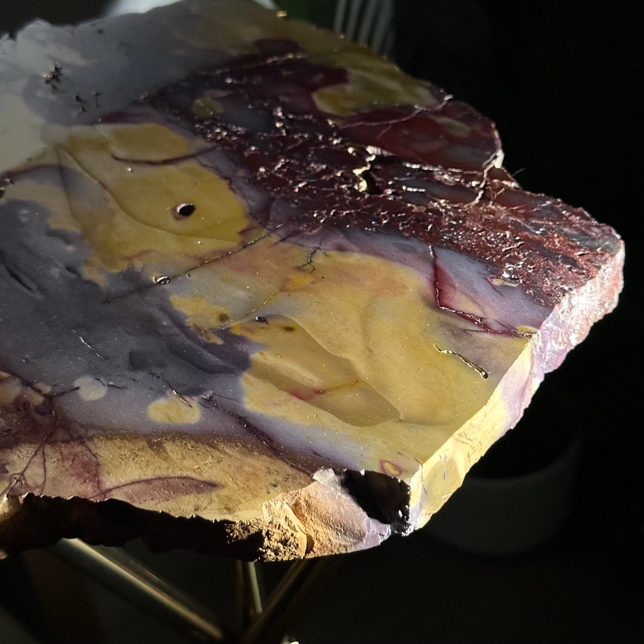 Natural Mookaite Jasper Side Table on Gold Metal Base, 24.8" Tall #1340MJ-002 - Brazil GemsBrazil GemsNatural Mookaite Jasper Side Table on Gold Metal Base, 24.8" Tall #1340MJ-002Tables: Side1340MJ-002