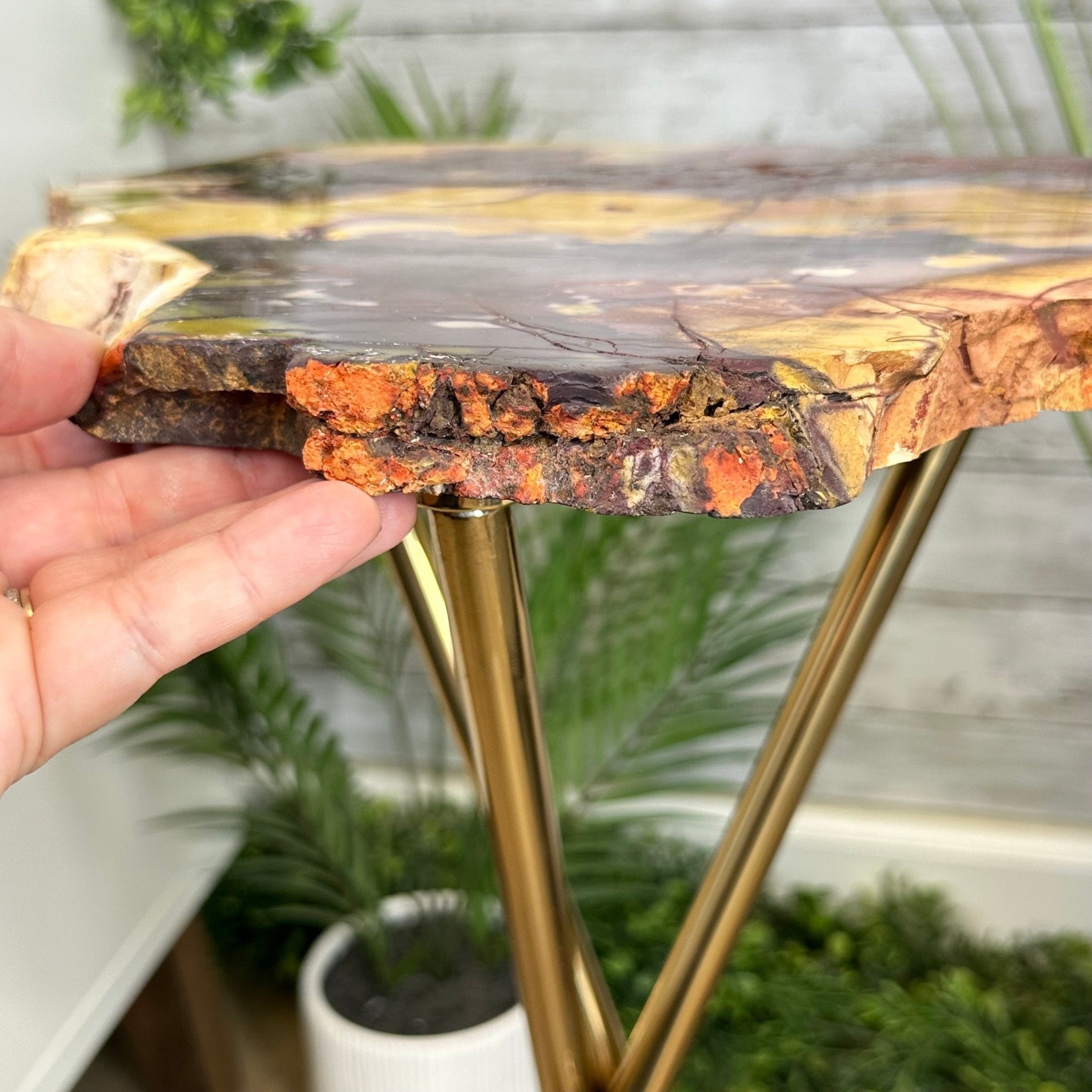 Natural Mookaite Jasper Side Table on Gold Metal Base, 24.8" Tall #1340MJ-002 - Brazil GemsBrazil GemsNatural Mookaite Jasper Side Table on Gold Metal Base, 24.8" Tall #1340MJ-002Tables: Side1340MJ-002