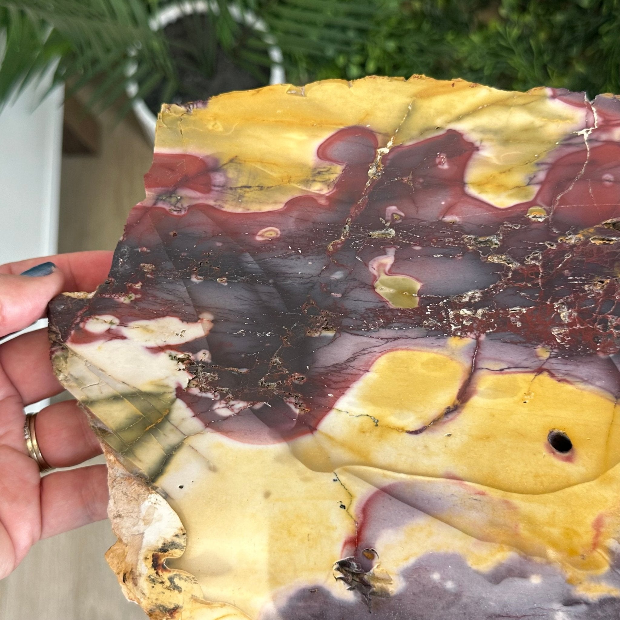 Natural Mookaite Jasper Side Table on Gold Metal Base, 24.8" Tall #1340MJ-002 - Brazil GemsBrazil GemsNatural Mookaite Jasper Side Table on Gold Metal Base, 24.8" Tall #1340MJ-002Tables: Side1340MJ-002