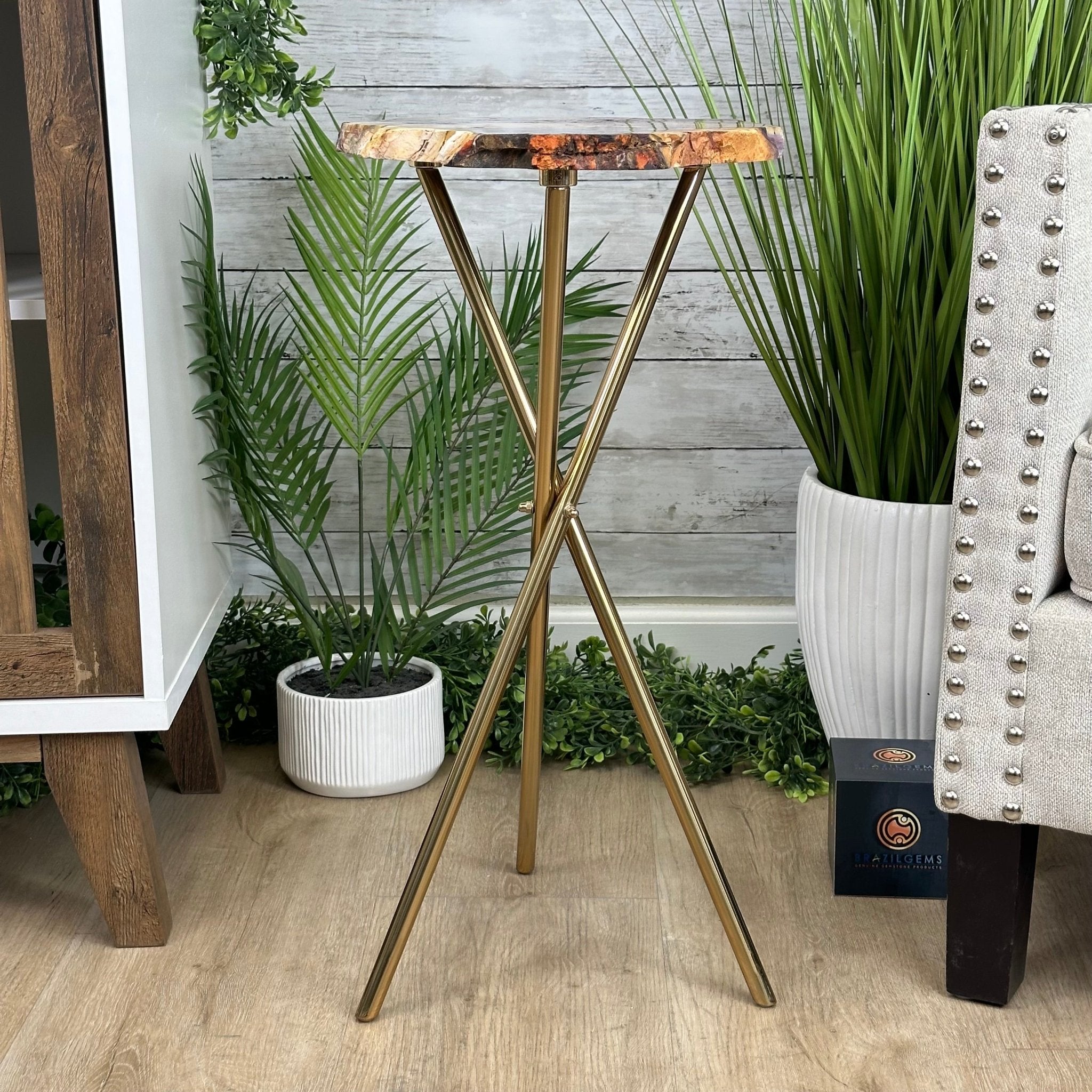 Natural Mookaite Jasper Side Table on Gold Metal Base, 24.8" Tall #1340MJ-002 - Brazil GemsBrazil GemsNatural Mookaite Jasper Side Table on Gold Metal Base, 24.8" Tall #1340MJ-002Tables: Side1340MJ-002
