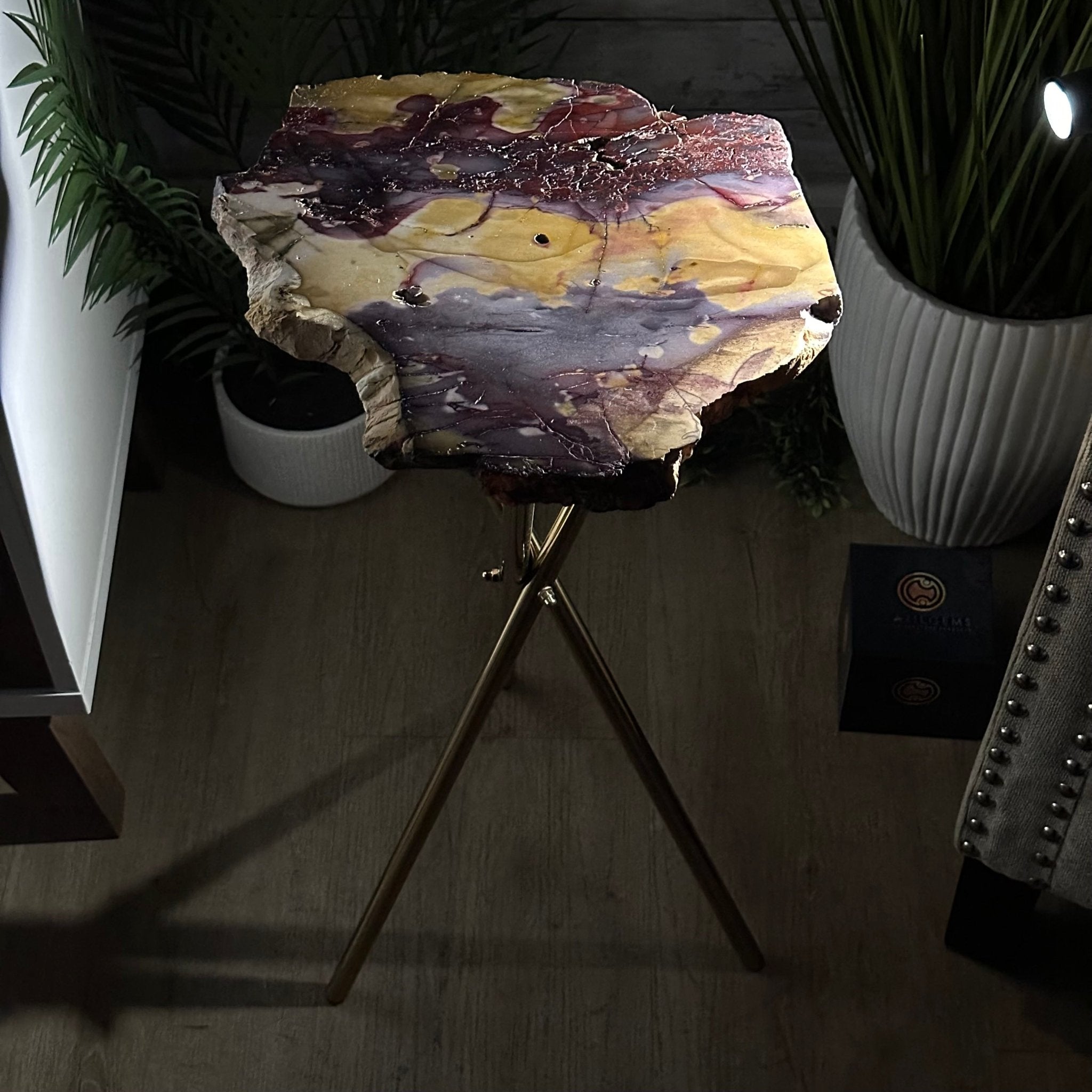 Natural Mookaite Jasper Side Table on Gold Metal Base, 24.8" Tall #1340MJ-002 - Brazil GemsBrazil GemsNatural Mookaite Jasper Side Table on Gold Metal Base, 24.8" Tall #1340MJ-002Tables: Side1340MJ-002