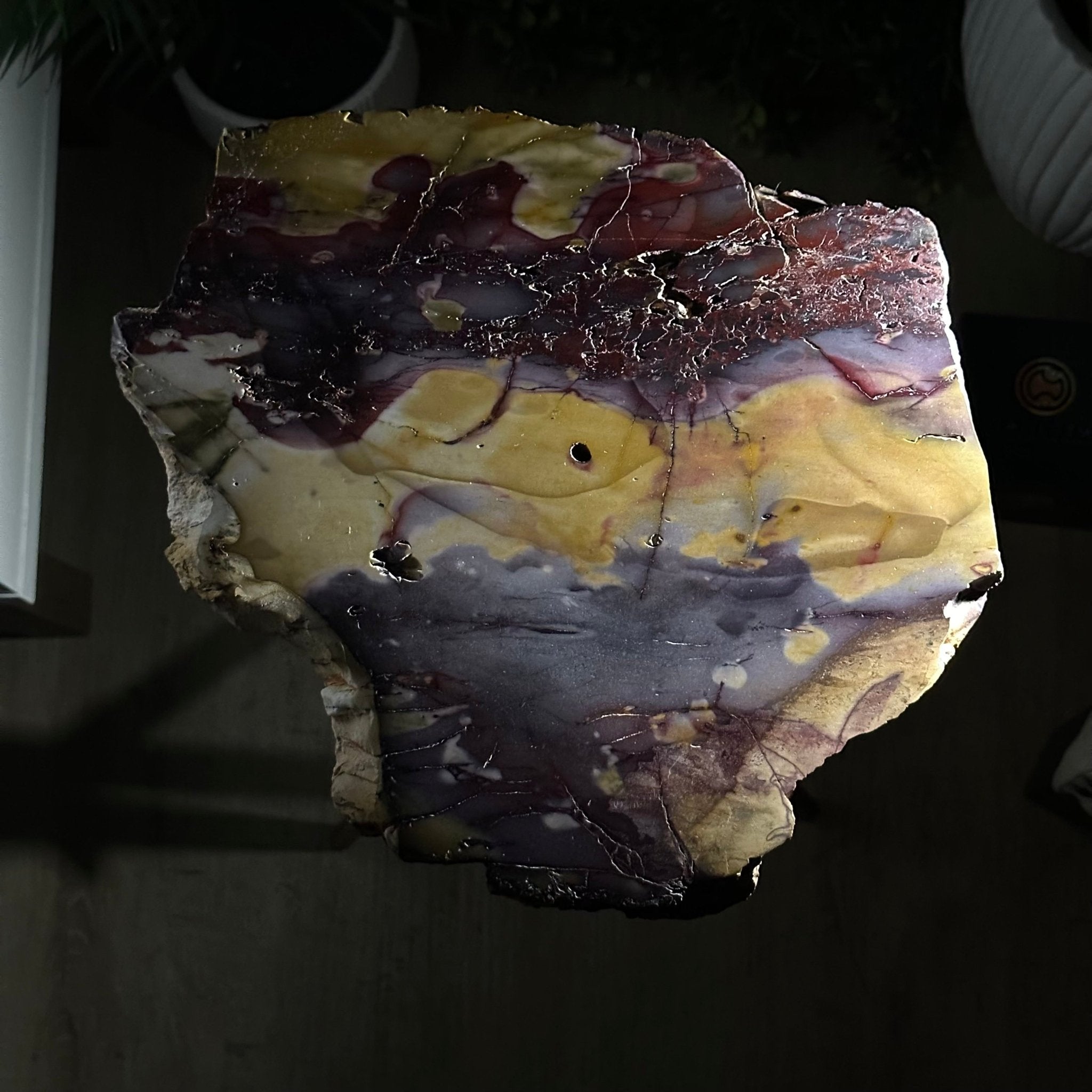 Natural Mookaite Jasper Side Table on Gold Metal Base, 24.8" Tall #1340MJ-002 - Brazil GemsBrazil GemsNatural Mookaite Jasper Side Table on Gold Metal Base, 24.8" Tall #1340MJ-002Tables: Side1340MJ-002