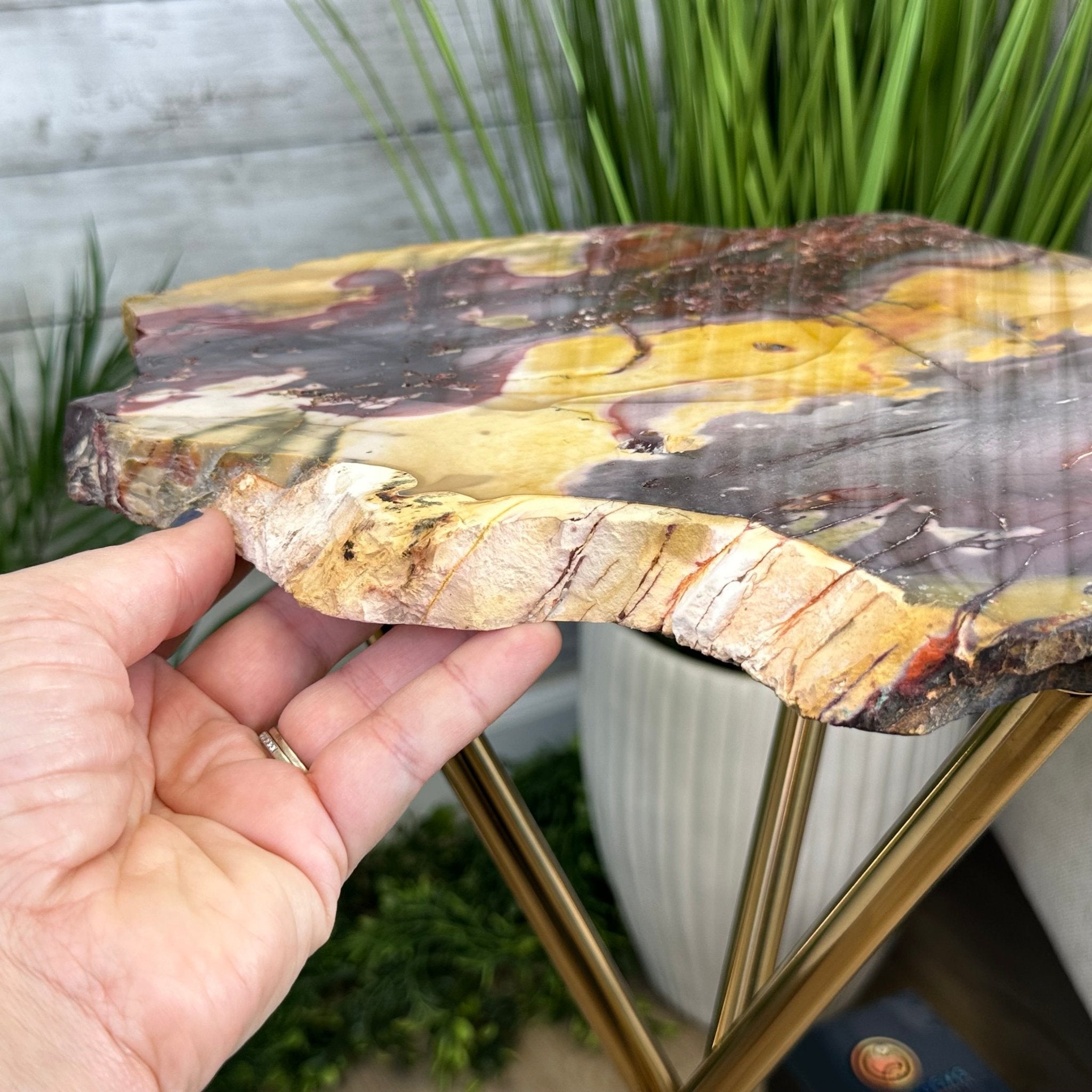 Natural Mookaite Jasper Side Table on Gold Metal Base, 24.8" Tall #1340MJ-002 - Brazil GemsBrazil GemsNatural Mookaite Jasper Side Table on Gold Metal Base, 24.8" Tall #1340MJ-002Tables: Side1340MJ-002