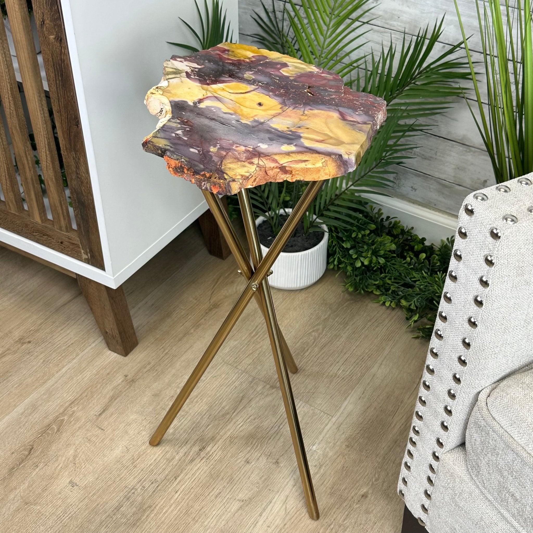Natural Mookaite Jasper Side Table on Gold Metal Base, 24.8" Tall #1340MJ-002 - Brazil GemsBrazil GemsNatural Mookaite Jasper Side Table on Gold Metal Base, 24.8" Tall #1340MJ-002Tables: Side1340MJ-002