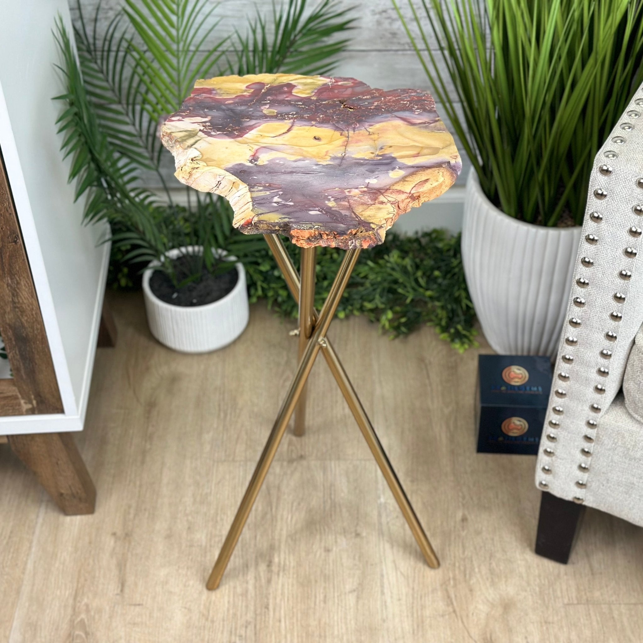 Natural Mookaite Jasper Side Table on Gold Metal Base, 24.8" Tall #1340MJ-002 - Brazil GemsBrazil GemsNatural Mookaite Jasper Side Table on Gold Metal Base, 24.8" Tall #1340MJ-002Tables: Side1340MJ-002