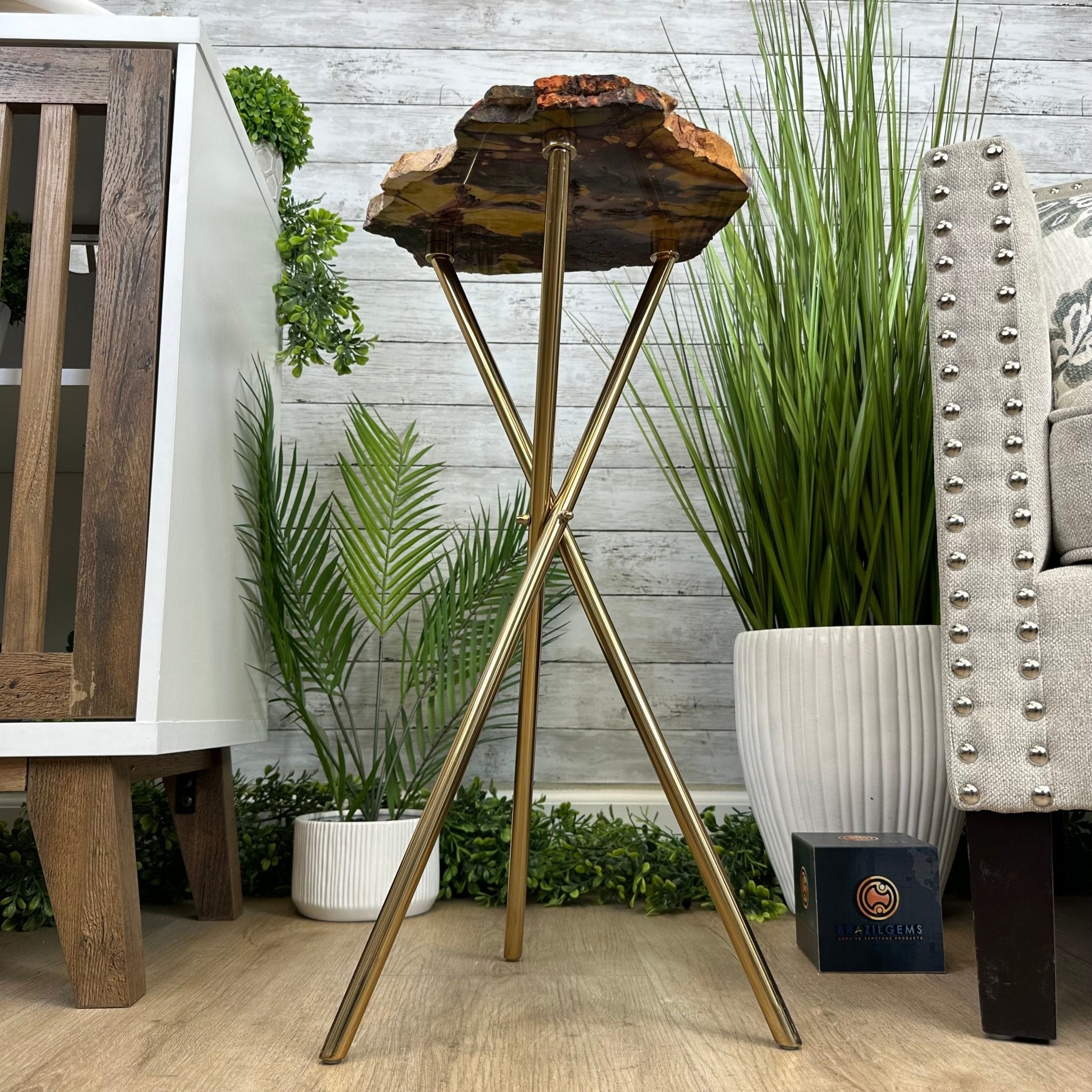 Natural Mookaite Jasper Side Table on Gold Metal Base, 24.8" Tall #1340MJ-002 - Brazil GemsBrazil GemsNatural Mookaite Jasper Side Table on Gold Metal Base, 24.8" Tall #1340MJ-002Tables: Side1340MJ-002