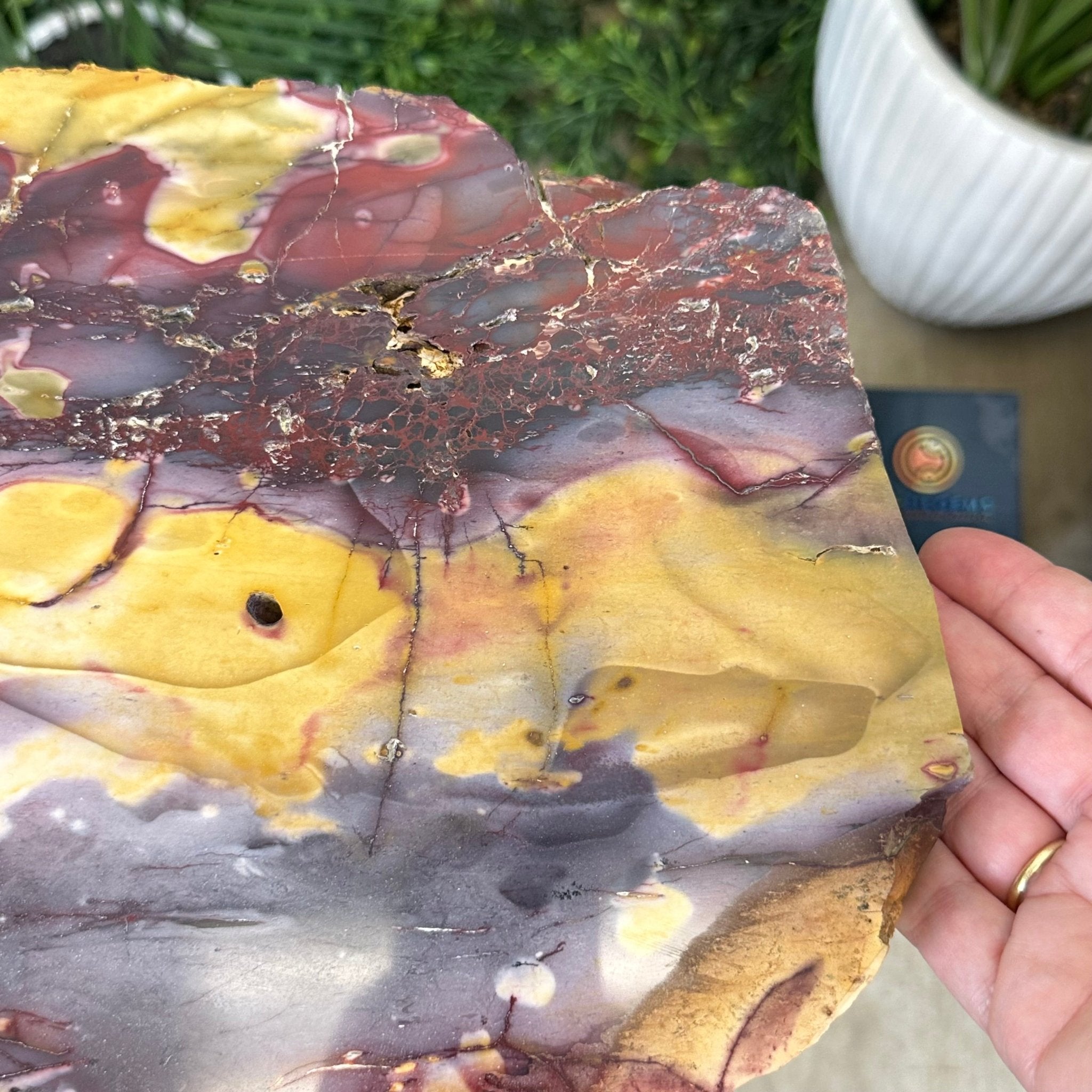 Natural Mookaite Jasper Side Table on Gold Metal Base, 24.8" Tall #1340MJ-002 - Brazil GemsBrazil GemsNatural Mookaite Jasper Side Table on Gold Metal Base, 24.8" Tall #1340MJ-002Tables: Side1340MJ-002