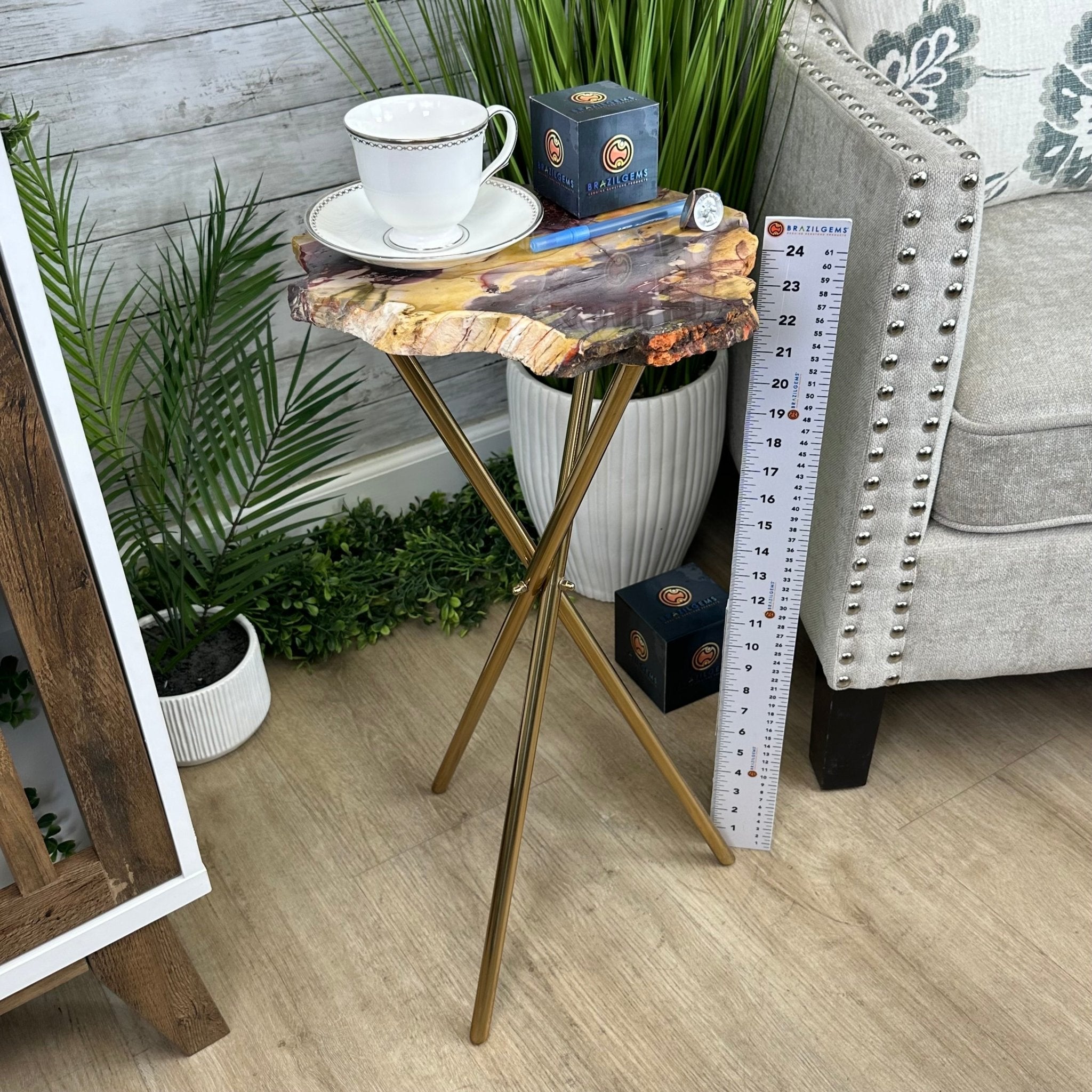 Natural Mookaite Jasper Side Table on Gold Metal Base, 24.8" Tall #1340MJ-002 - Brazil GemsBrazil GemsNatural Mookaite Jasper Side Table on Gold Metal Base, 24.8" Tall #1340MJ-002Tables: Side1340MJ-002