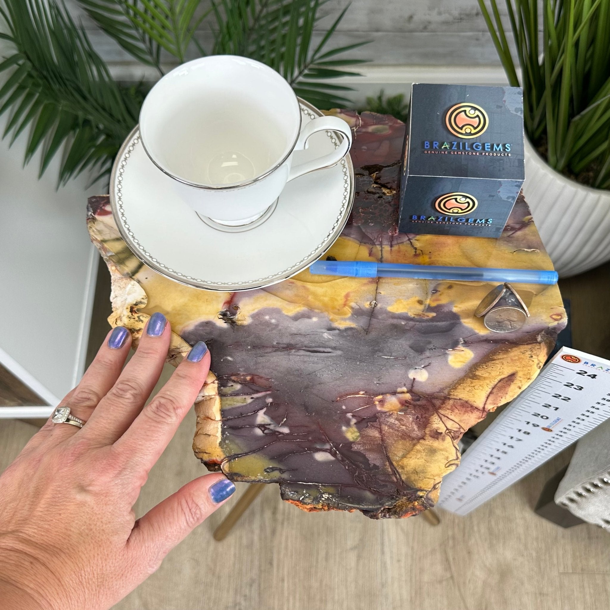 Natural Mookaite Jasper Side Table on Gold Metal Base, 24.8" Tall #1340MJ-002 - Brazil GemsBrazil GemsNatural Mookaite Jasper Side Table on Gold Metal Base, 24.8" Tall #1340MJ-002Tables: Side1340MJ-002