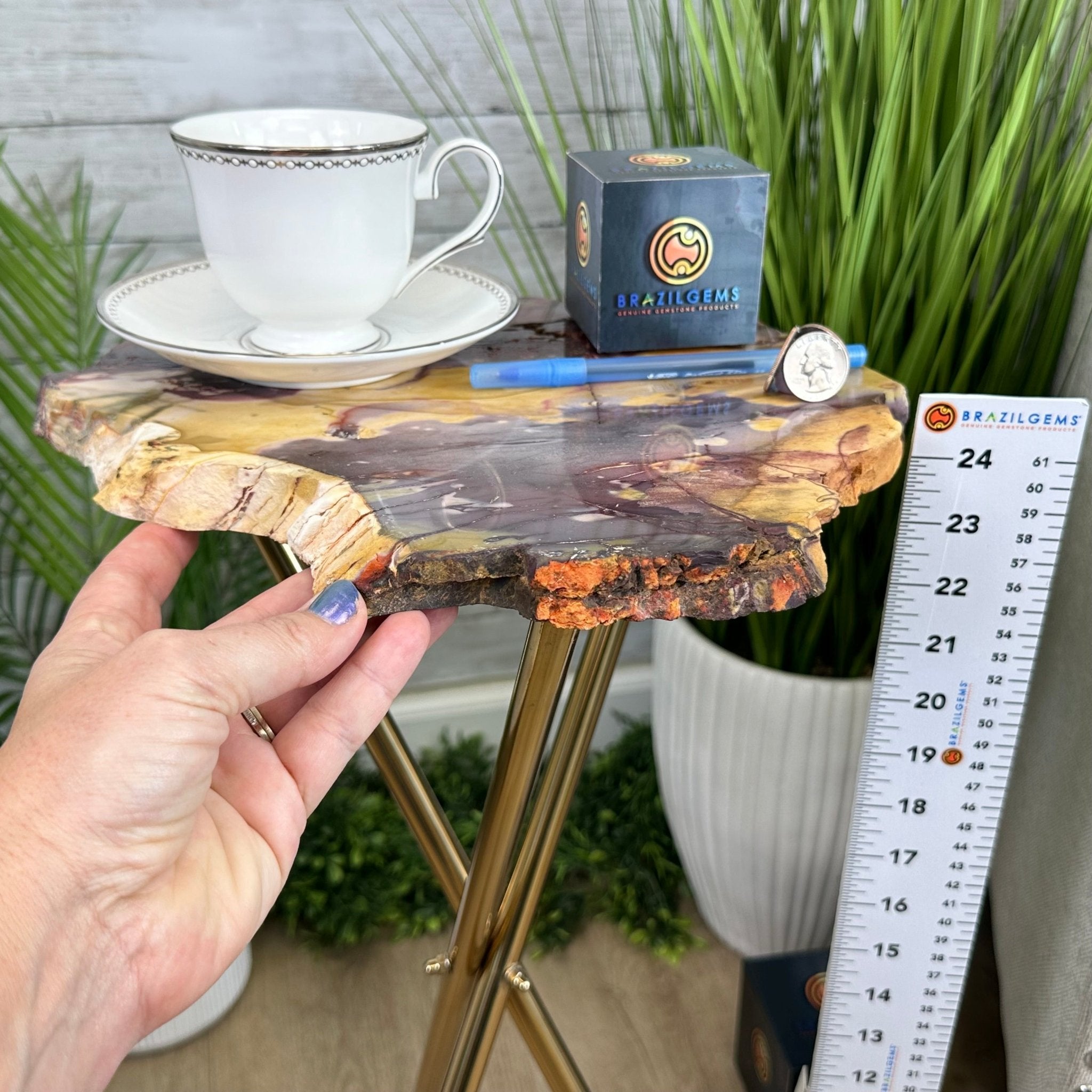Natural Mookaite Jasper Side Table on Gold Metal Base, 24.8" Tall #1340MJ-002 - Brazil GemsBrazil GemsNatural Mookaite Jasper Side Table on Gold Metal Base, 24.8" Tall #1340MJ-002Tables: Side1340MJ-002