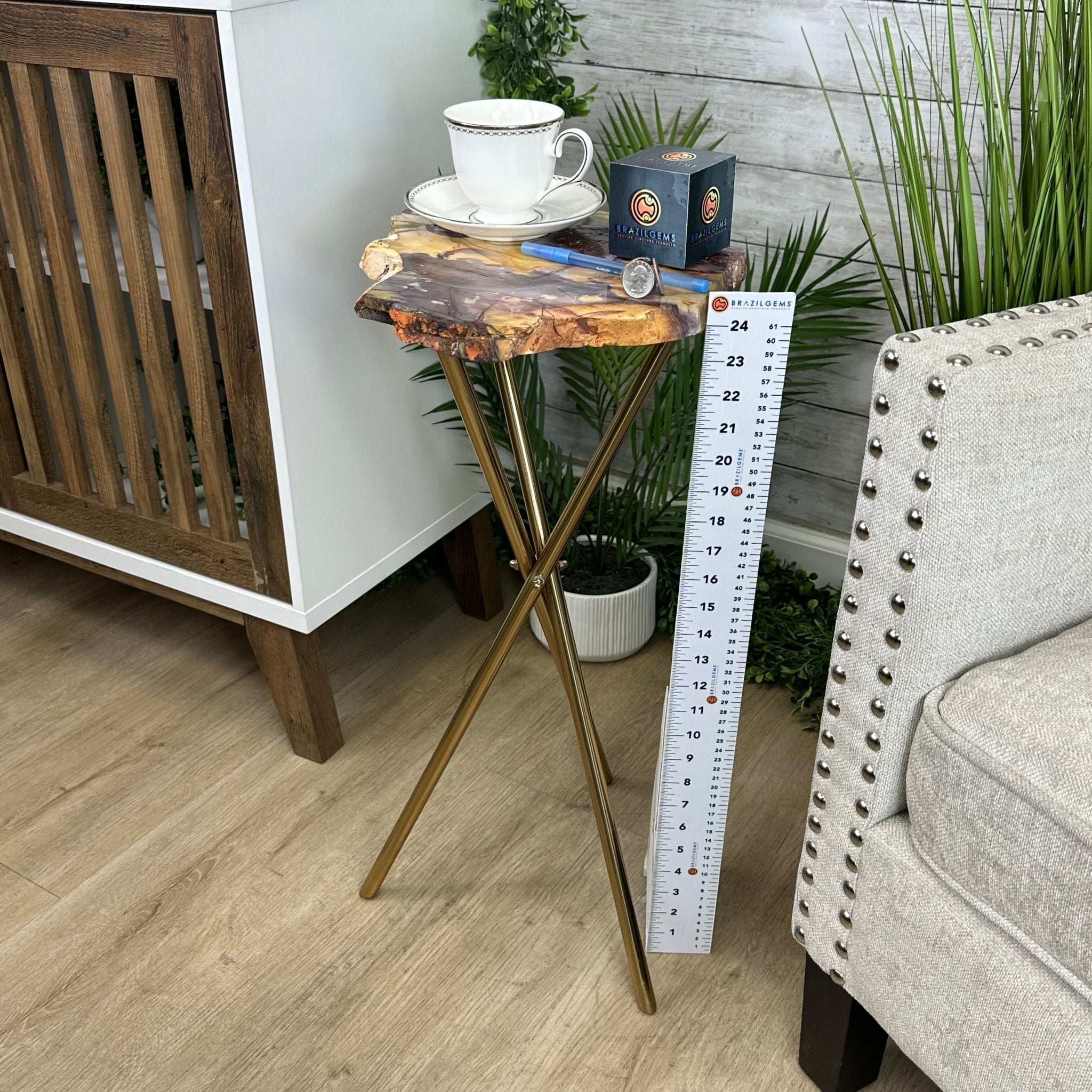 Natural Mookaite Jasper Side Table on Gold Metal Base, 24.8" Tall #1340MJ-002 - Brazil GemsBrazil GemsNatural Mookaite Jasper Side Table on Gold Metal Base, 24.8" Tall #1340MJ-002Tables: Side1340MJ-002