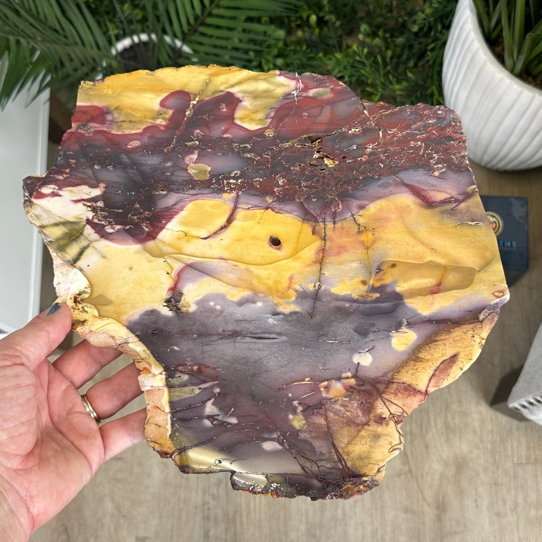 Natural Mookaite Jasper Side Table on Gold Metal Base, 24.8" Tall #1340MJ-002 - Brazil GemsBrazil GemsNatural Mookaite Jasper Side Table on Gold Metal Base, 24.8" Tall #1340MJ-002Tables: Side1340MJ-002
