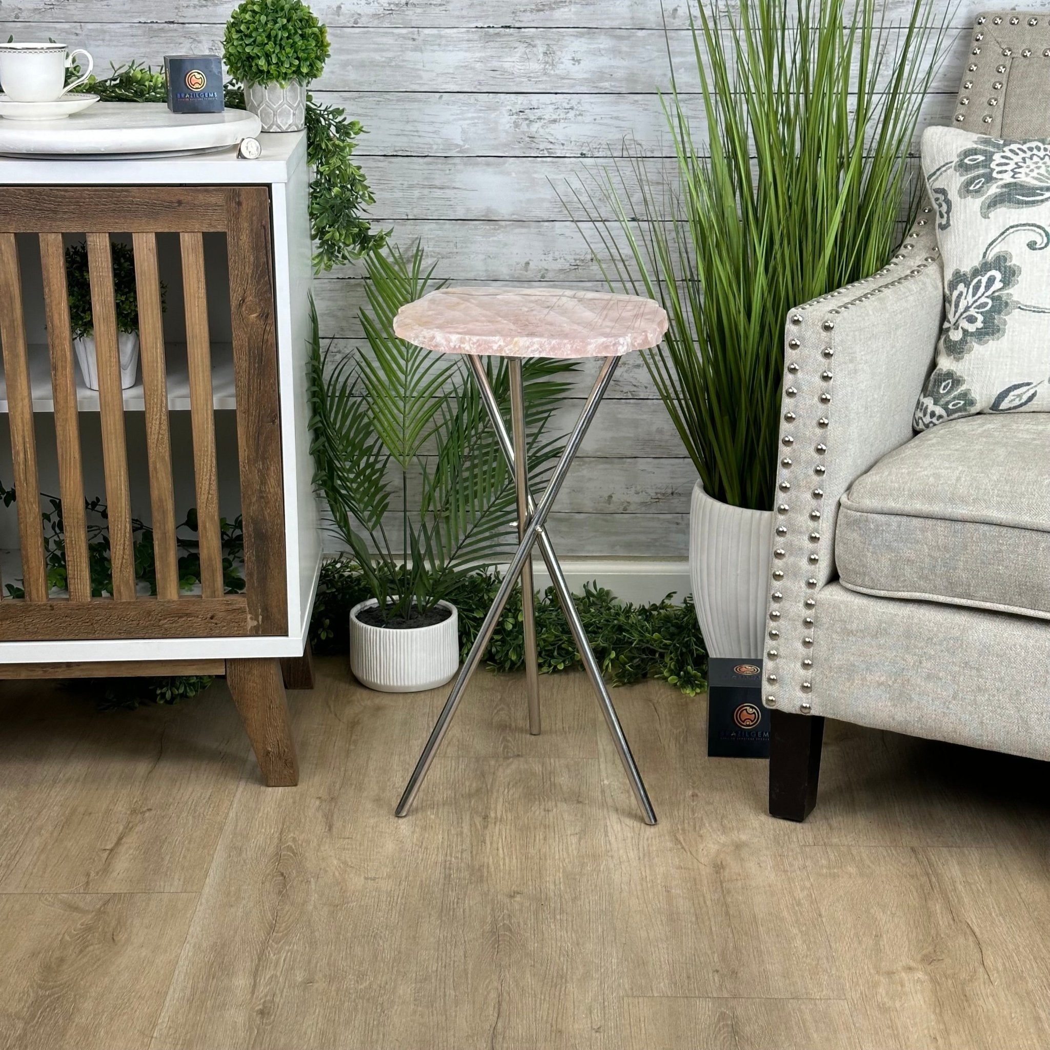 Natural Rose Quartz Side Table on Chrome Metal Base, 24.5" Tall #1341RQ-001 - Brazil GemsBrazil GemsNatural Rose Quartz Side Table on Chrome Metal Base, 24.5" Tall #1341RQ-001Tables: Side1341RQ-001