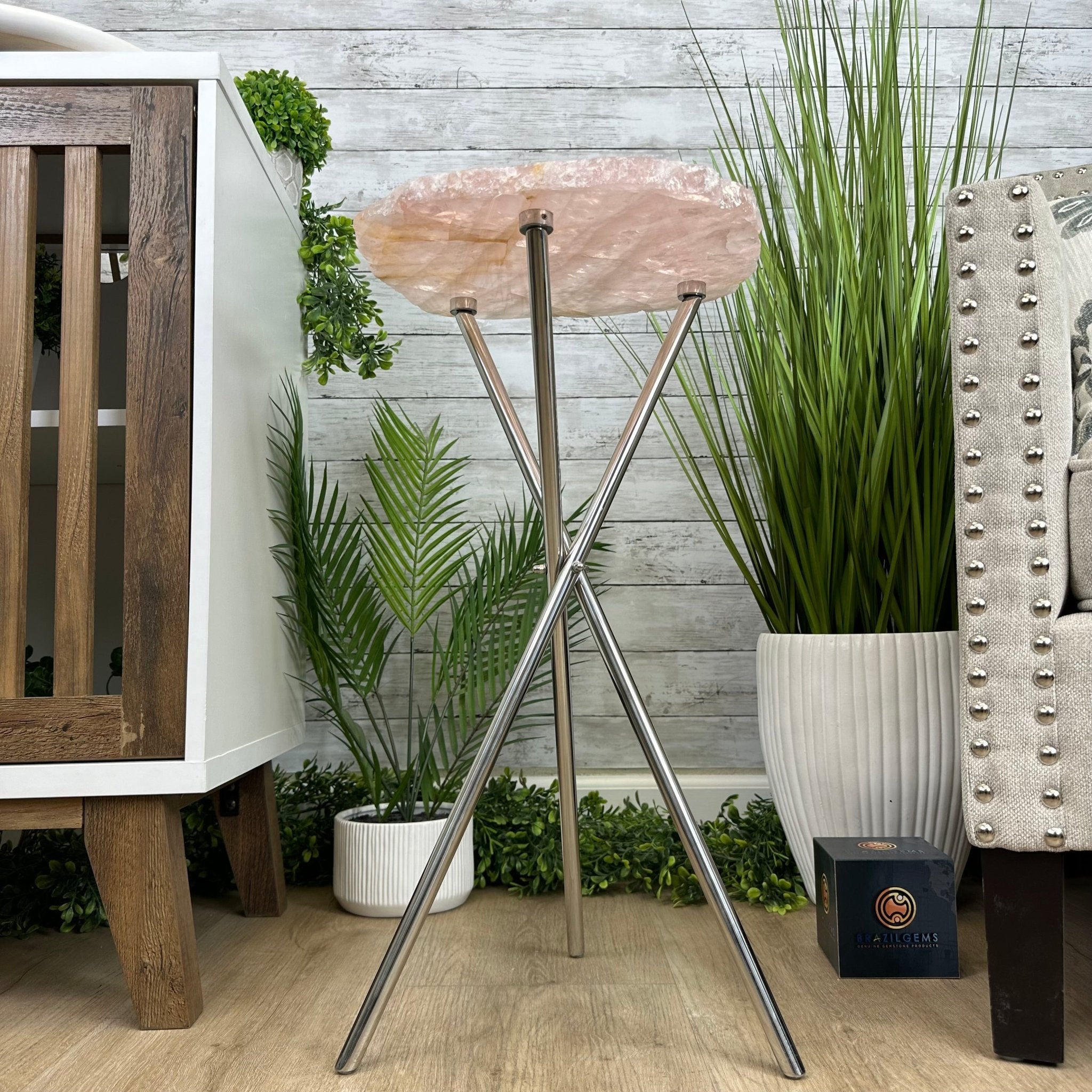 Natural Rose Quartz Side Table on Chrome Metal Base, 24.5" Tall #1341RQ-001 - Brazil GemsBrazil GemsNatural Rose Quartz Side Table on Chrome Metal Base, 24.5" Tall #1341RQ-001Tables: Side1341RQ-001