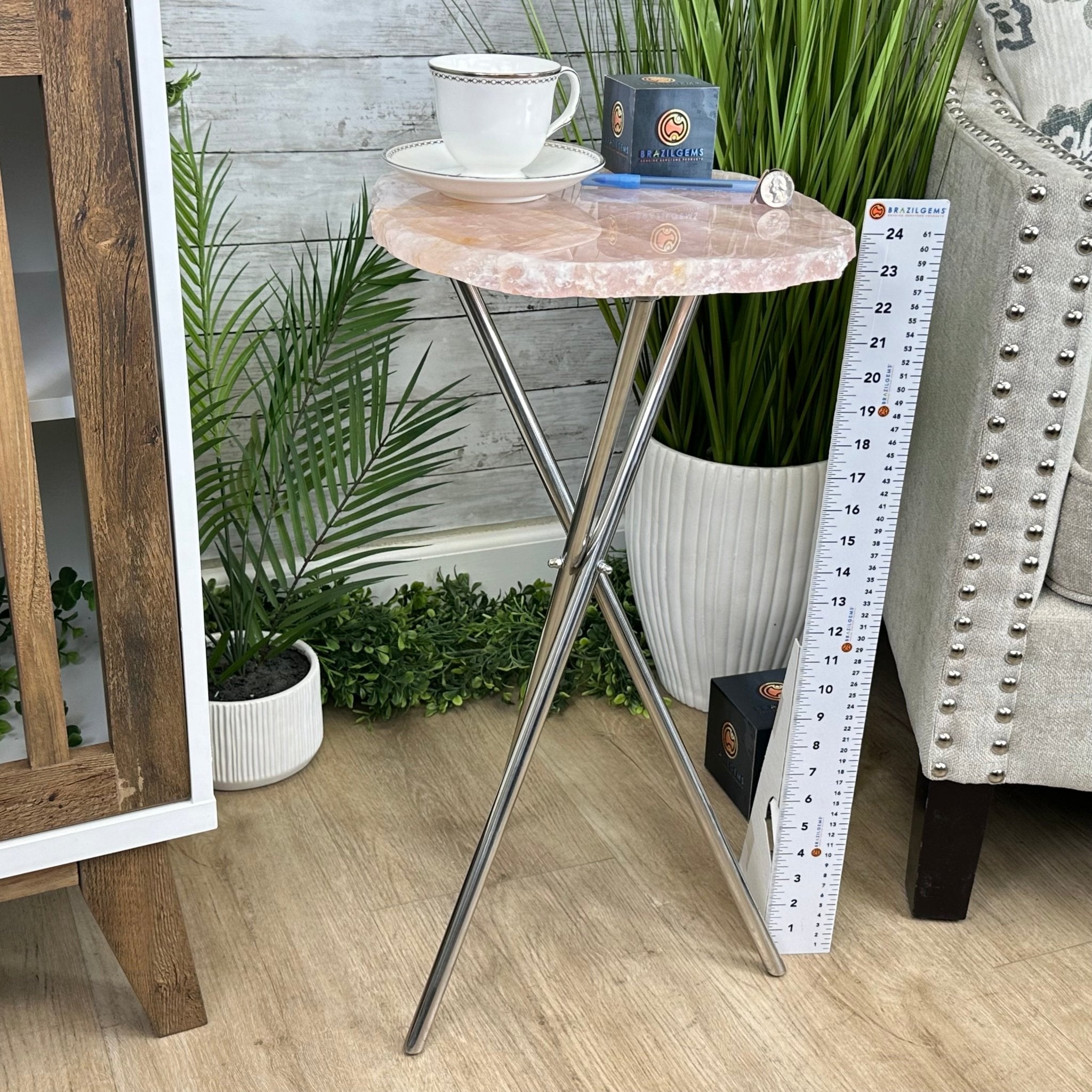 Natural Rose Quartz Side Table on Chrome Metal Base, 24.5" Tall #1341RQ-001 - Brazil GemsBrazil GemsNatural Rose Quartz Side Table on Chrome Metal Base, 24.5" Tall #1341RQ-001Tables: Side1341RQ-001