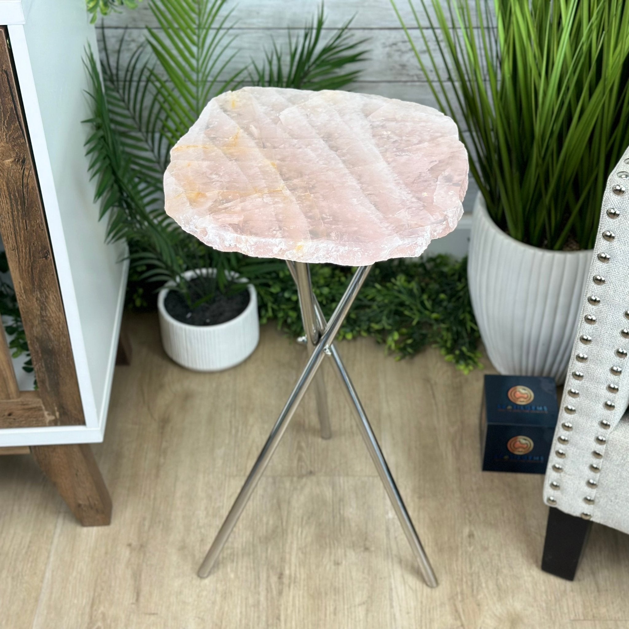 Natural Rose Quartz Side Table on Chrome Metal Base, 24.5" Tall #1341RQ-001 - Brazil GemsBrazil GemsNatural Rose Quartz Side Table on Chrome Metal Base, 24.5" Tall #1341RQ-001Tables: Side1341RQ-001