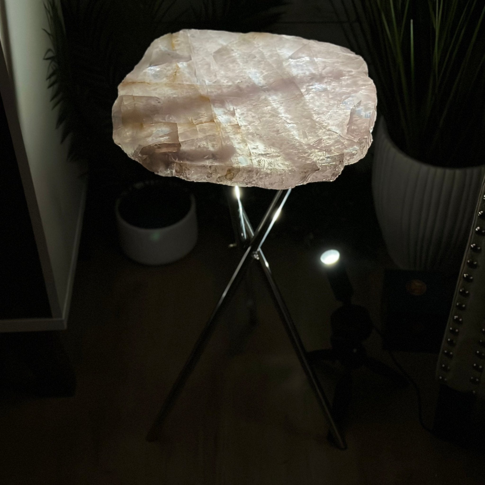 Natural Rose Quartz Side Table on Chrome Metal Base, 24.5" Tall #1341RQ-001 - Brazil GemsBrazil GemsNatural Rose Quartz Side Table on Chrome Metal Base, 24.5" Tall #1341RQ-001Tables: Side1341RQ-001