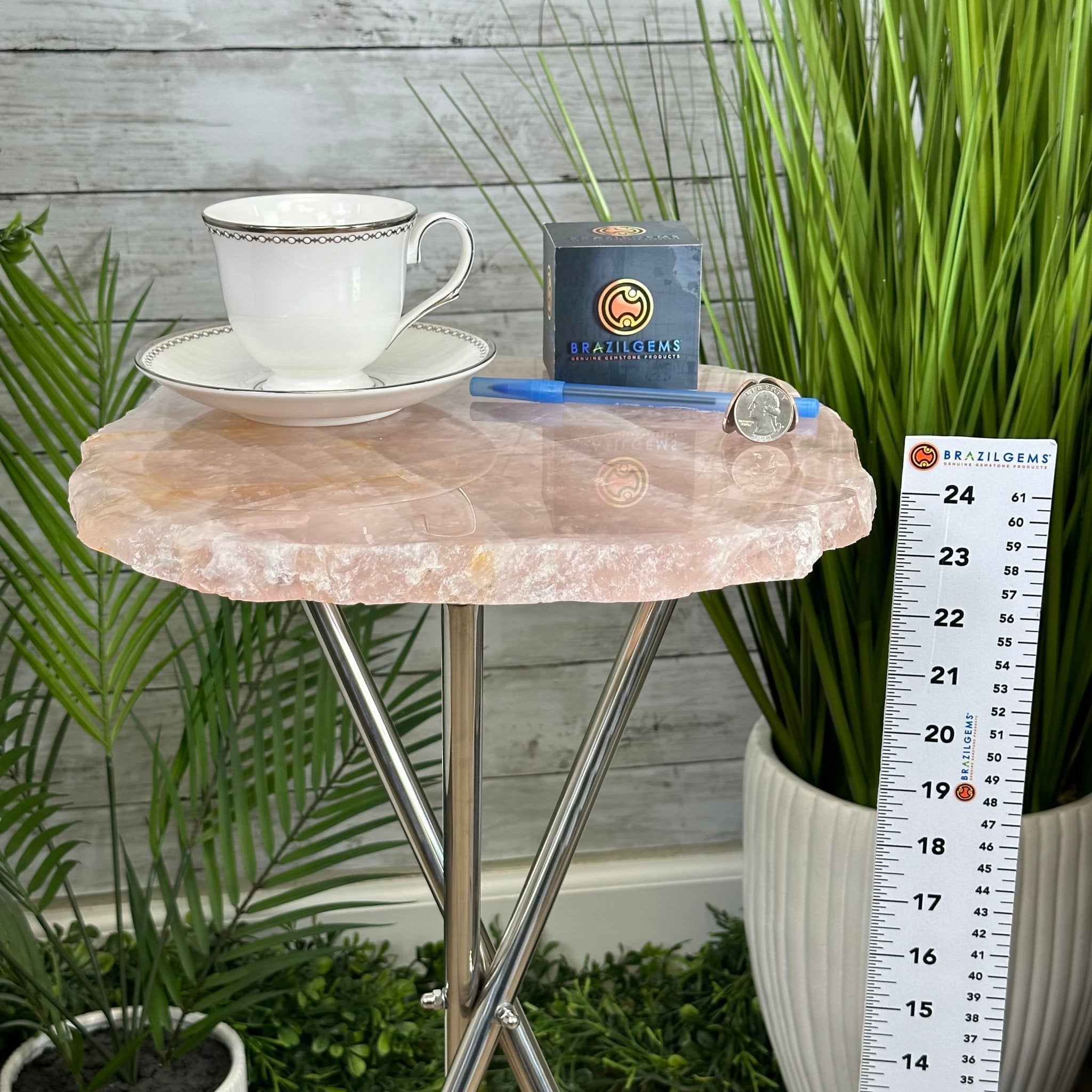Natural Rose Quartz Side Table on Chrome Metal Base, 24.5" Tall #1341RQ-001 - Brazil GemsBrazil GemsNatural Rose Quartz Side Table on Chrome Metal Base, 24.5" Tall #1341RQ-001Tables: Side1341RQ-001