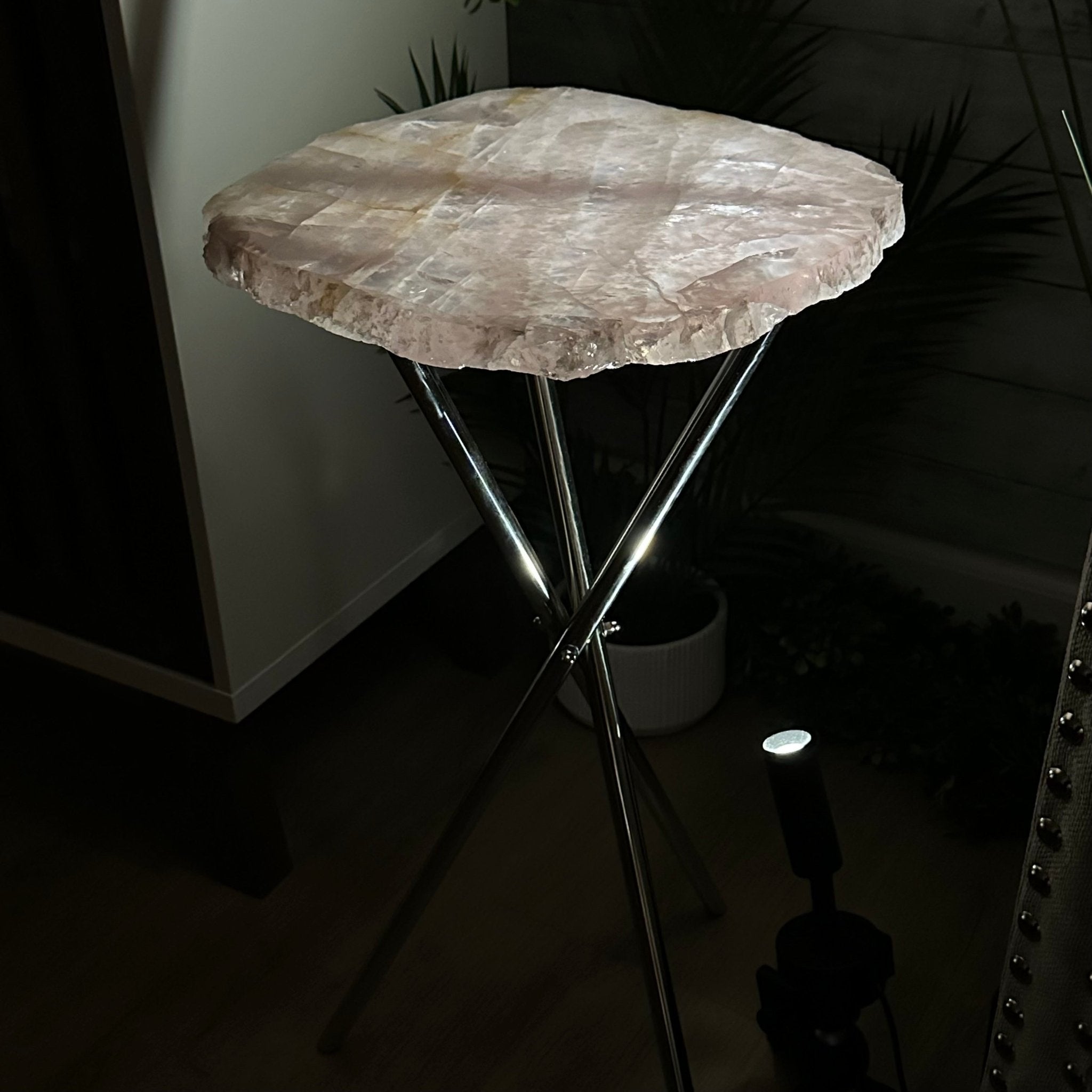 Natural Rose Quartz Side Table on Chrome Metal Base, 24.5" Tall #1341RQ-001 - Brazil GemsBrazil GemsNatural Rose Quartz Side Table on Chrome Metal Base, 24.5" Tall #1341RQ-001Tables: Side1341RQ-001