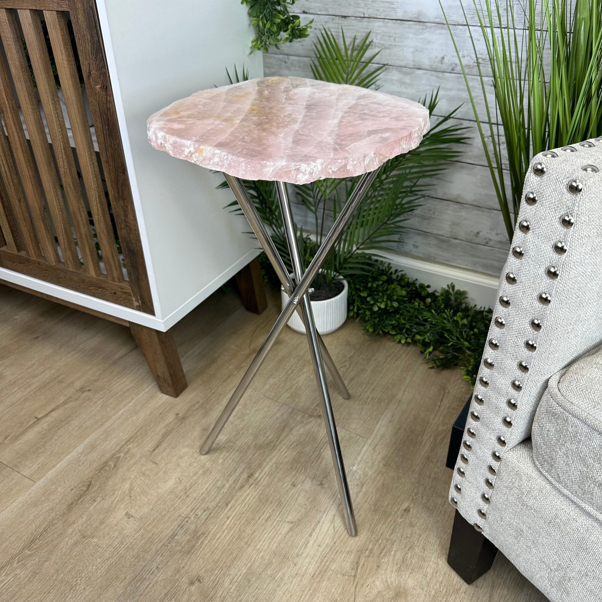 Natural Rose Quartz Side Table on Chrome Metal Base, 24.5" Tall #1341RQ-001 - Brazil GemsBrazil GemsNatural Rose Quartz Side Table on Chrome Metal Base, 24.5" Tall #1341RQ-001Tables: Side1341RQ-001
