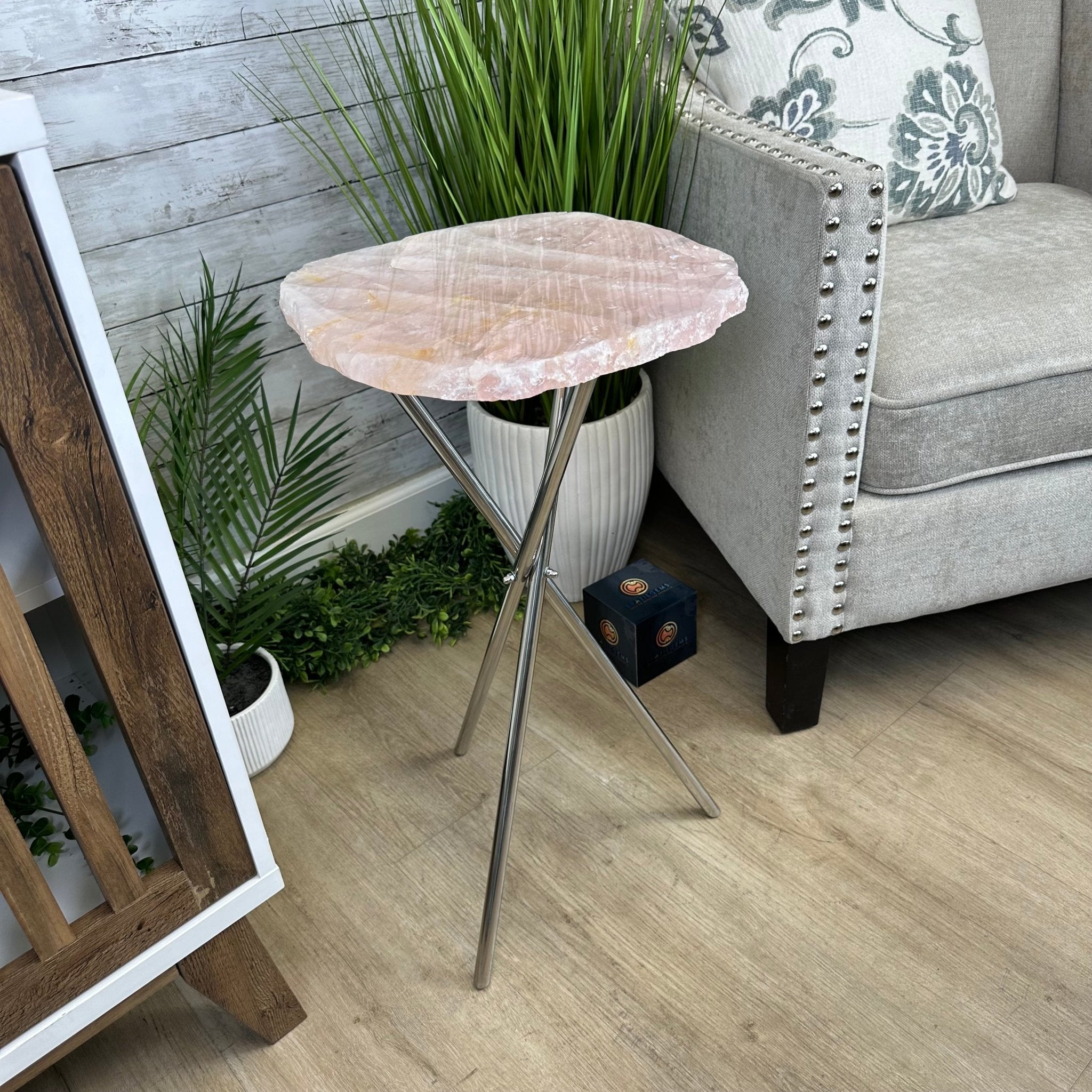 Natural Rose Quartz Side Table on Chrome Metal Base, 24.5" Tall #1341RQ-001 - Brazil GemsBrazil GemsNatural Rose Quartz Side Table on Chrome Metal Base, 24.5" Tall #1341RQ-001Tables: Side1341RQ-001