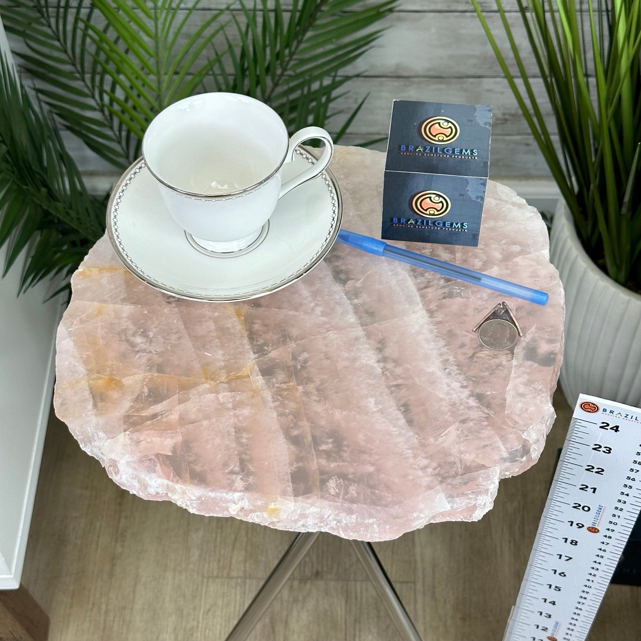Natural Rose Quartz Side Table on Chrome Metal Base, 24.5" Tall #1341RQ-001 - Brazil GemsBrazil GemsNatural Rose Quartz Side Table on Chrome Metal Base, 24.5" Tall #1341RQ-001Tables: Side1341RQ-001