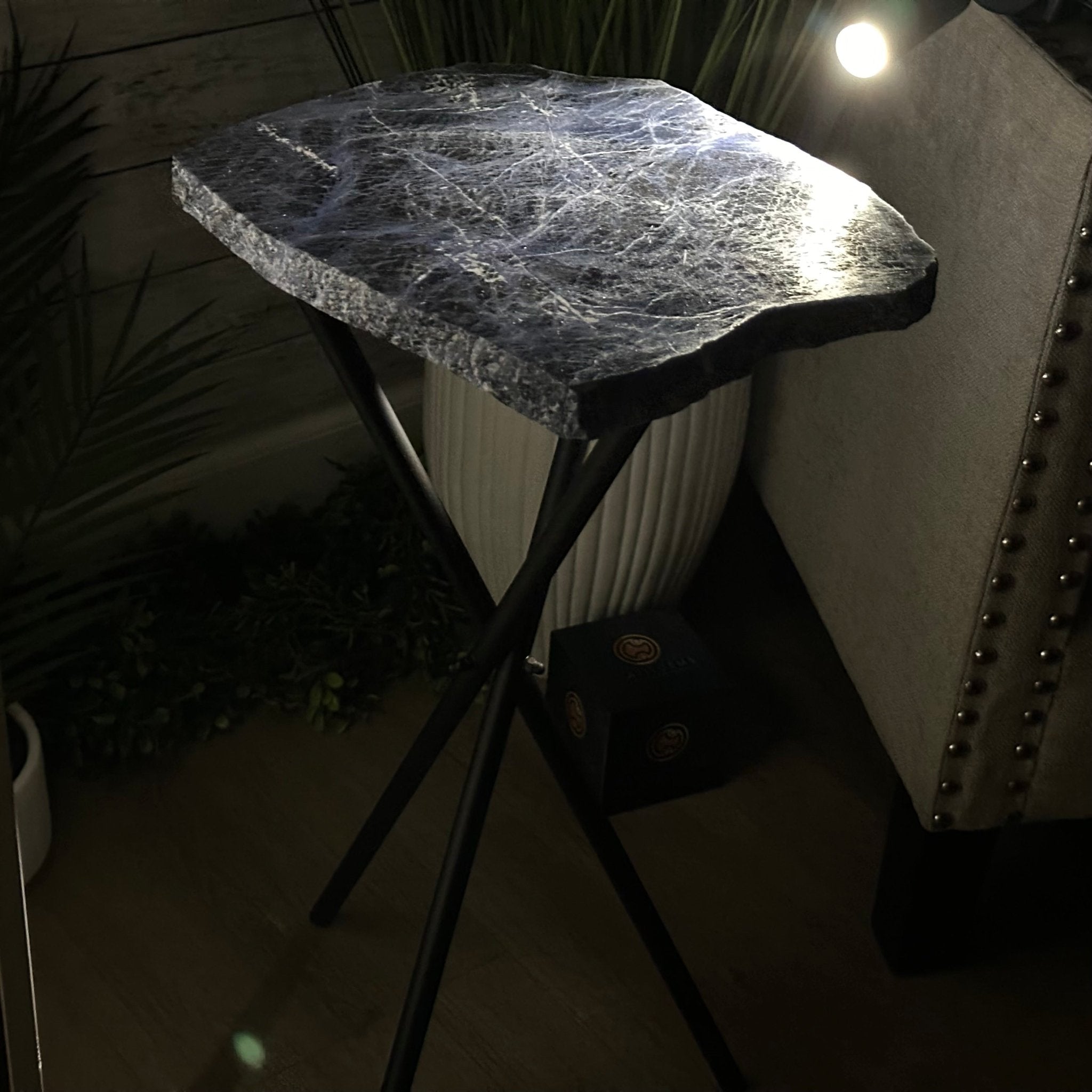 Natural Sodalite Side Table on Black Metal Base, 24.7" Tall #1342SO-002 - Brazil GemsBrazil GemsNatural Sodalite Side Table on Black Metal Base, 24.7" Tall #1342SO-002Tables: Side1342SO-002