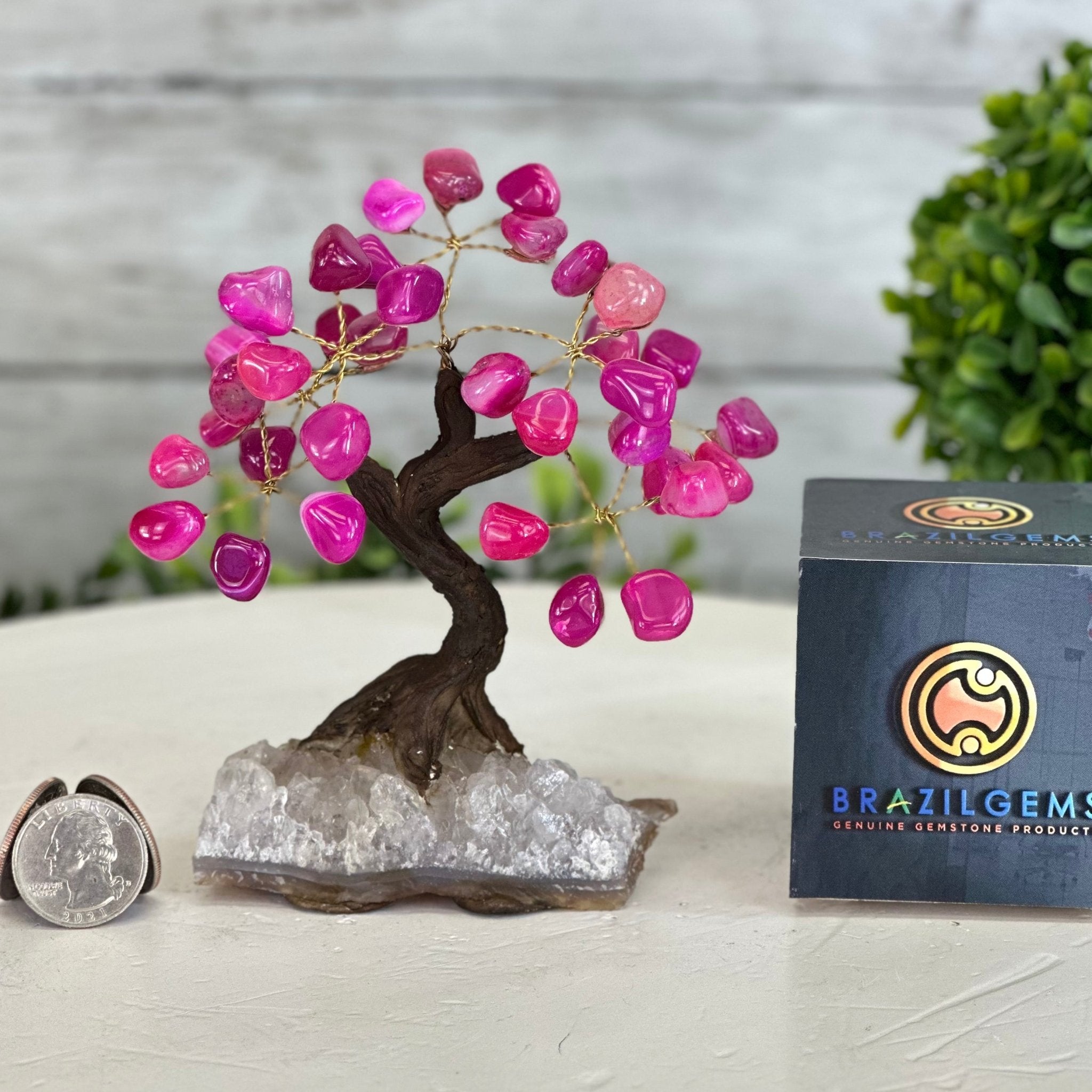 Pink Agate 5" Tall Handmade Gemstone Tree on a Crystal base, 35 Gems #5401PNKA - Brazil GemsBrazil GemsPink Agate 5" Tall Handmade Gemstone Tree on a Crystal base, 35 Gems #5401PNKAGemstone Trees5401PNKA