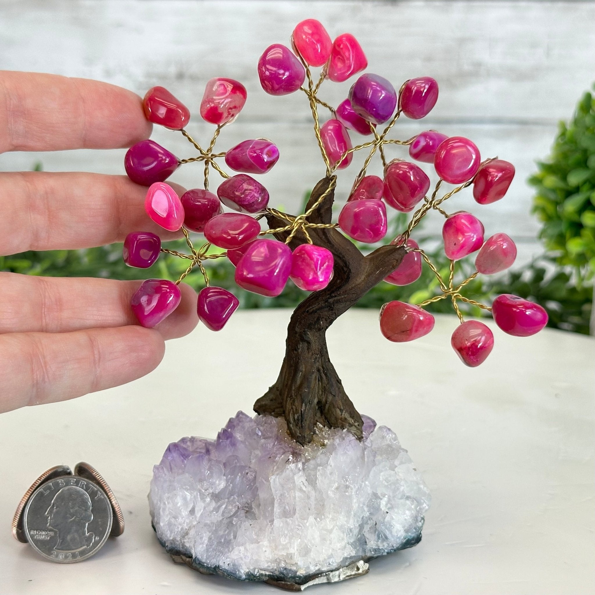 Pink Agate 5" Tall Handmade Gemstone Tree on a Crystal base, 35 Gems #5401PNKA - Brazil GemsBrazil GemsPink Agate 5" Tall Handmade Gemstone Tree on a Crystal base, 35 Gems #5401PNKAGemstone Trees5401PNKA