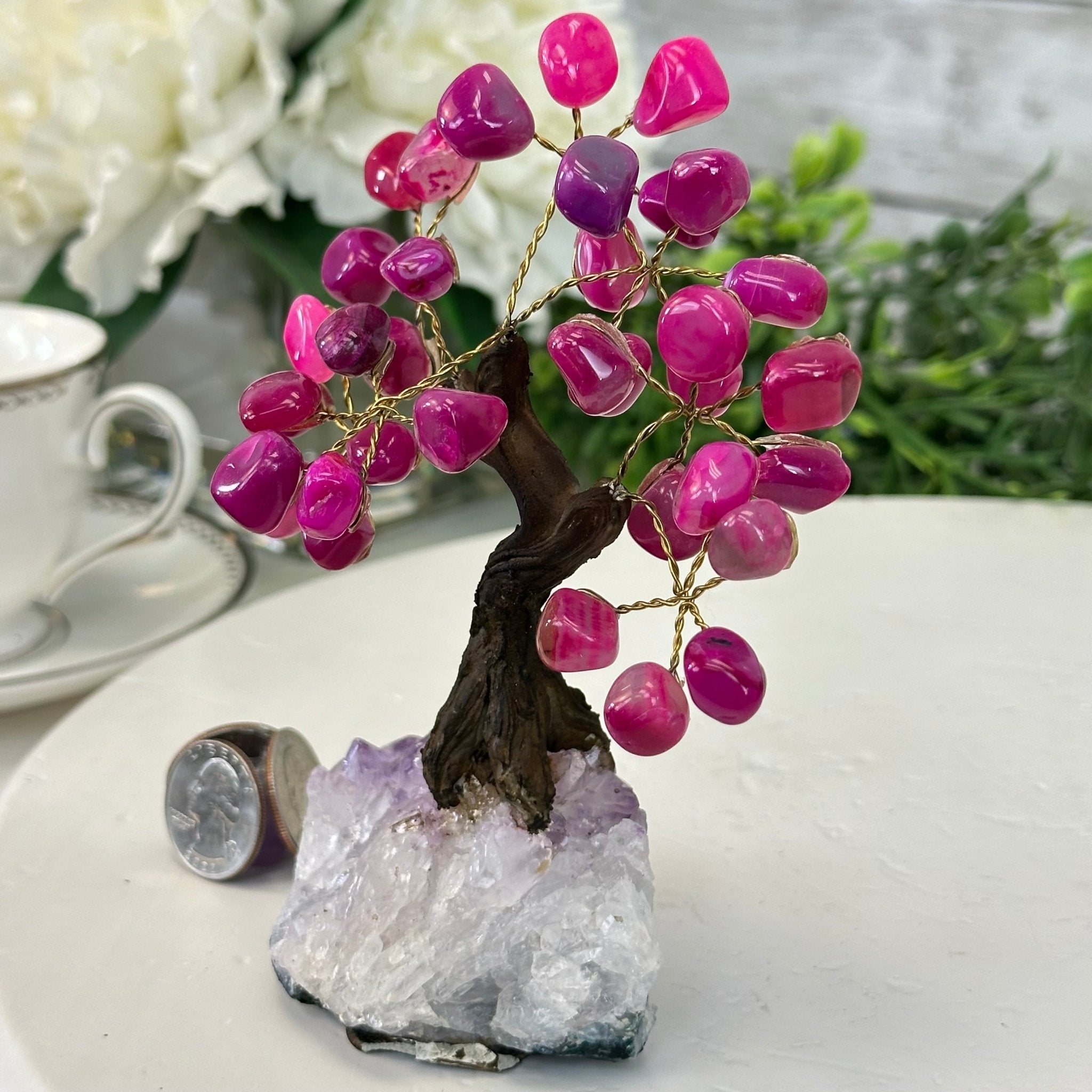 Pink Agate 5" Tall Handmade Gemstone Tree on a Crystal base, 35 Gems #5401PNKA - Brazil GemsBrazil GemsPink Agate 5" Tall Handmade Gemstone Tree on a Crystal base, 35 Gems #5401PNKAGemstone Trees5401PNKA