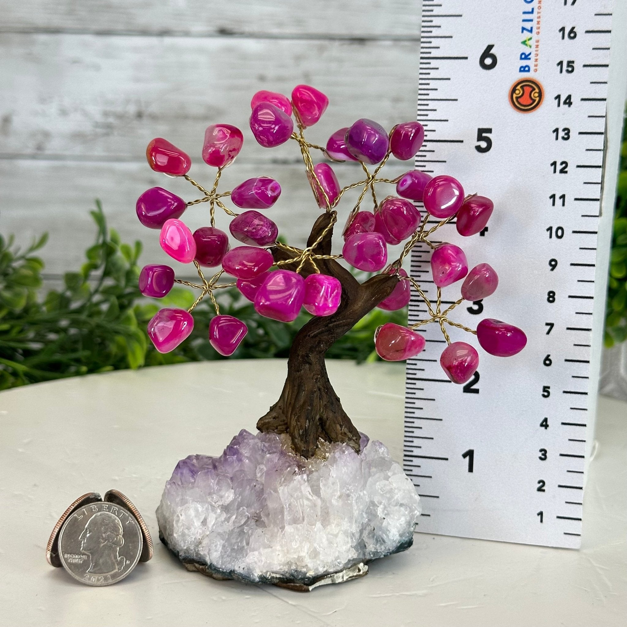 Pink Agate 5" Tall Handmade Gemstone Tree on a Crystal base, 35 Gems #5401PNKA - Brazil GemsBrazil GemsPink Agate 5" Tall Handmade Gemstone Tree on a Crystal base, 35 Gems #5401PNKAGemstone Trees5401PNKA