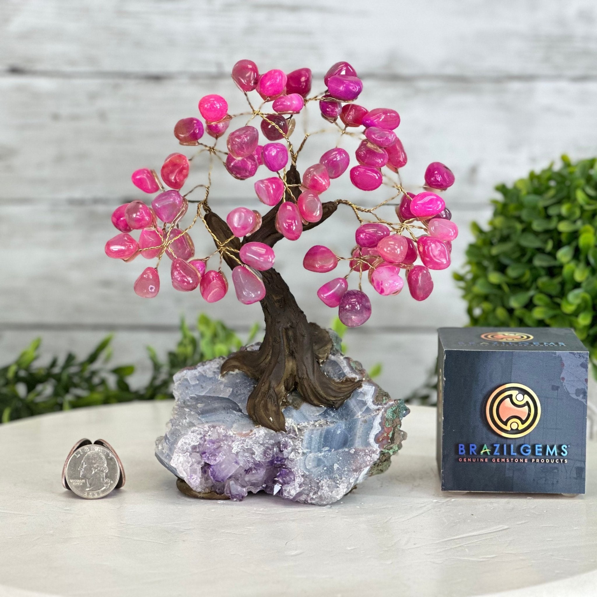 Pink Agate 7" Tall Handmade Gemstone Tree on a Crystal base, 60 Gems #5402PNKA - Brazil GemsBrazil GemsPink Agate 7" Tall Handmade Gemstone Tree on a Crystal base, 60 Gems #5402PNKAGemstone Trees5402PNKA