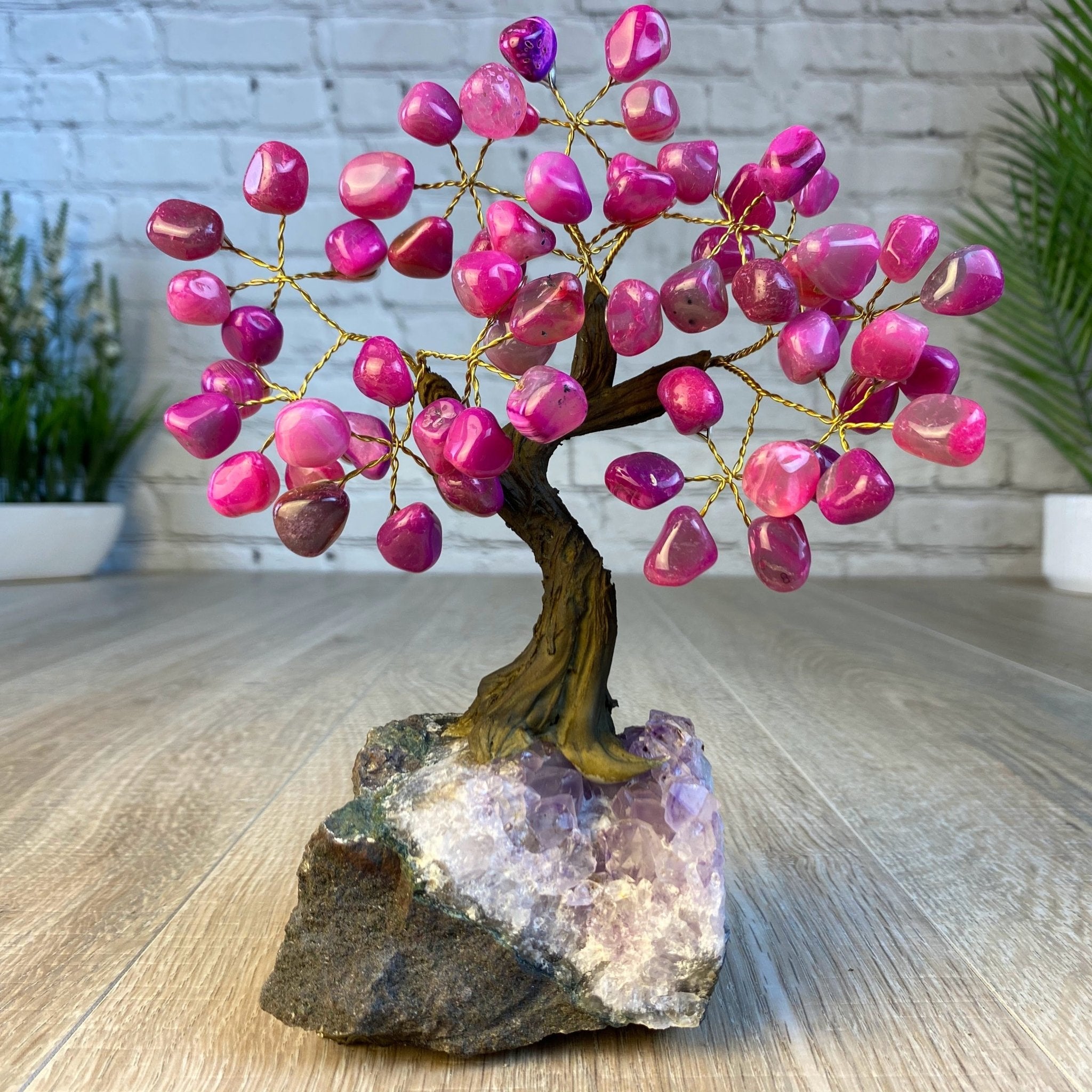 Pink Agate 7" Tall Handmade Gemstone Tree on a Crystal base, 60 Gems #5402PNKA - Brazil GemsBrazil GemsPink Agate 7" Tall Handmade Gemstone Tree on a Crystal base, 60 Gems #5402PNKAGemstone Trees5402PNKA