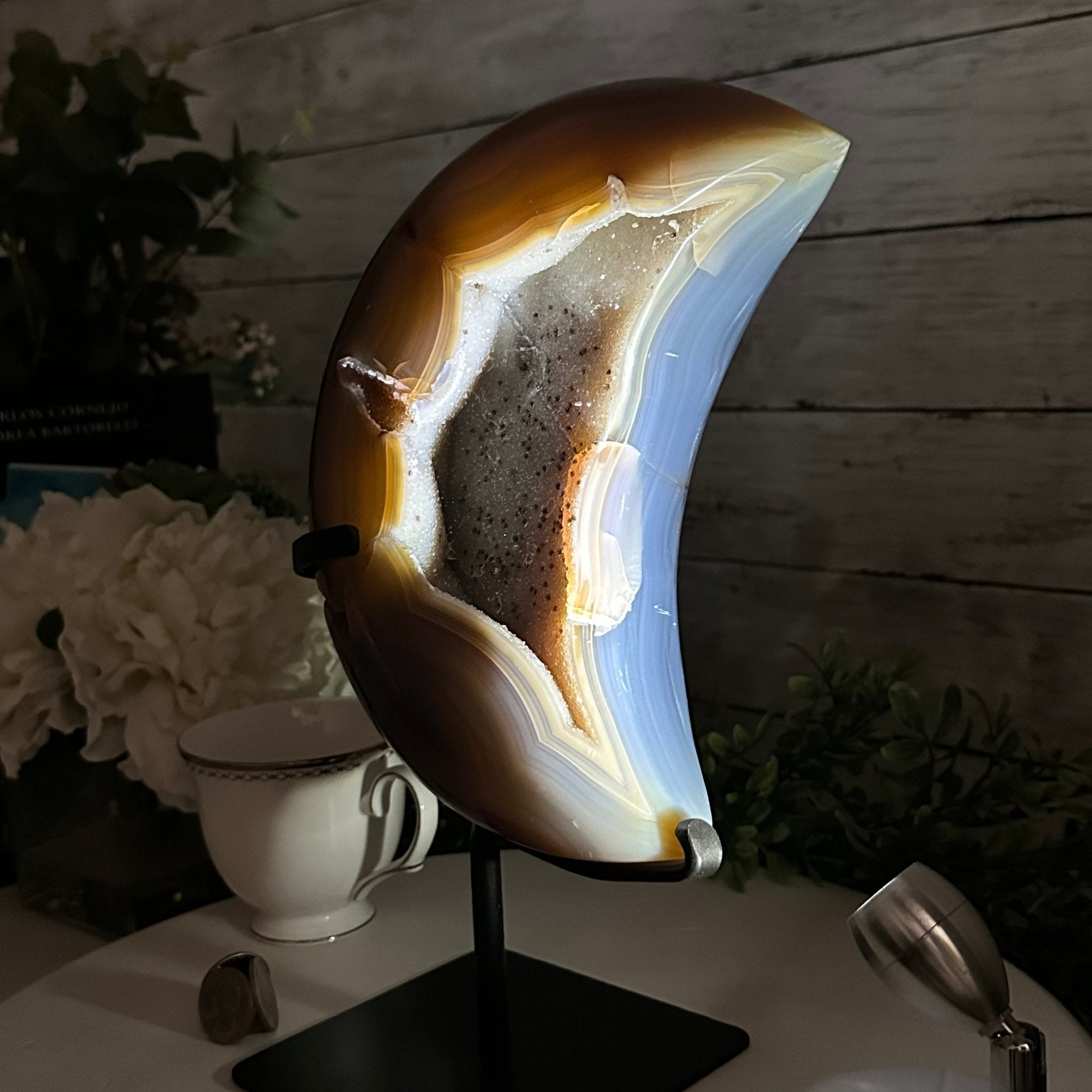 Polished Agate Crescent Moon on a Stand, 9.2 lbs & 11.6" Tall #5740NA-016 by Brazil Gems - Brazil GemsBrazil GemsPolished Agate Crescent Moon on a Stand, 9.2 lbs & 11.6" Tall #5740NA-016 by Brazil GemsCrescent Moons5740NA-016