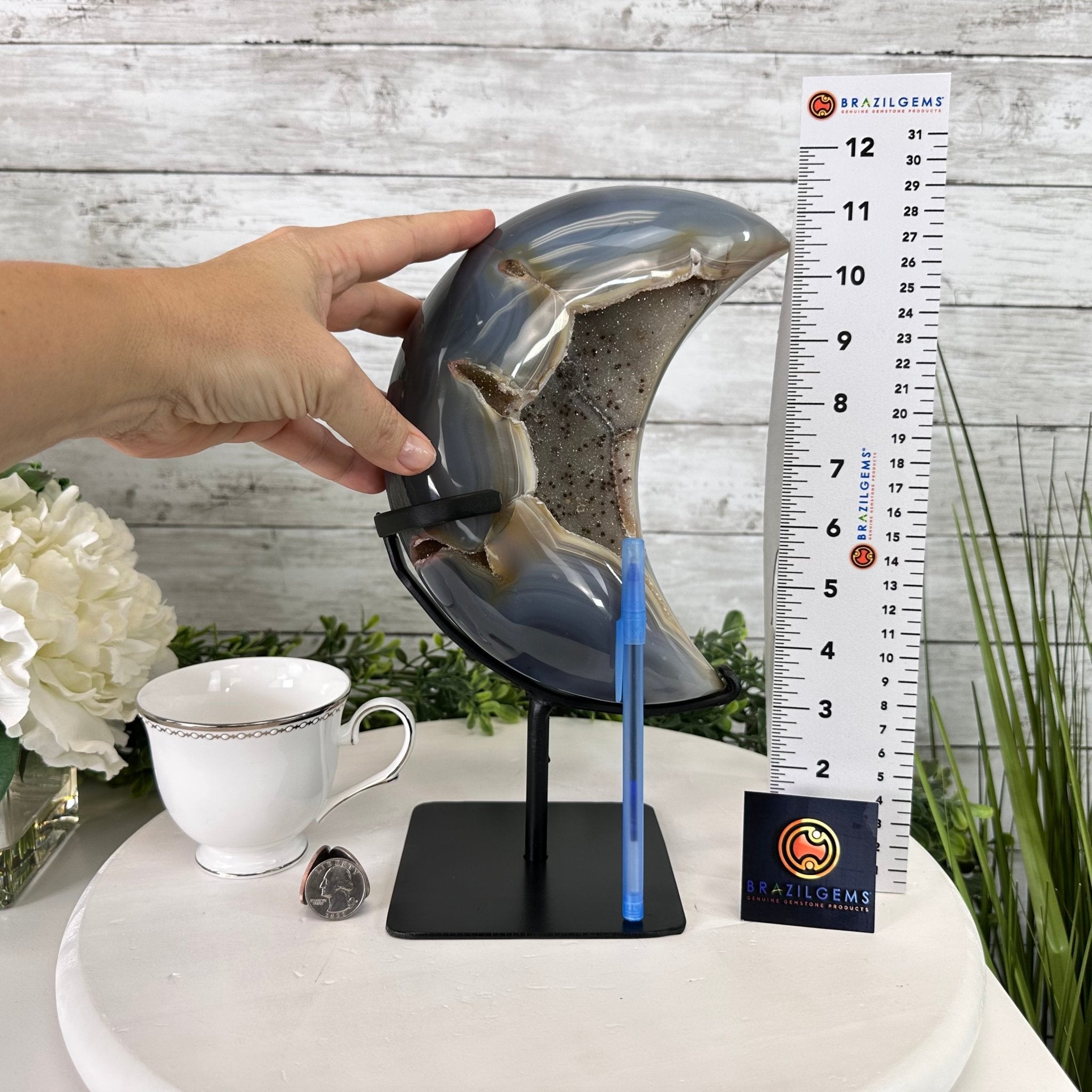 Polished Agate Crescent Moon on a Stand, 9.2 lbs & 11.6" Tall #5740NA-016 by Brazil Gems - Brazil GemsBrazil GemsPolished Agate Crescent Moon on a Stand, 9.2 lbs & 11.6" Tall #5740NA-016 by Brazil GemsCrescent Moons5740NA-016