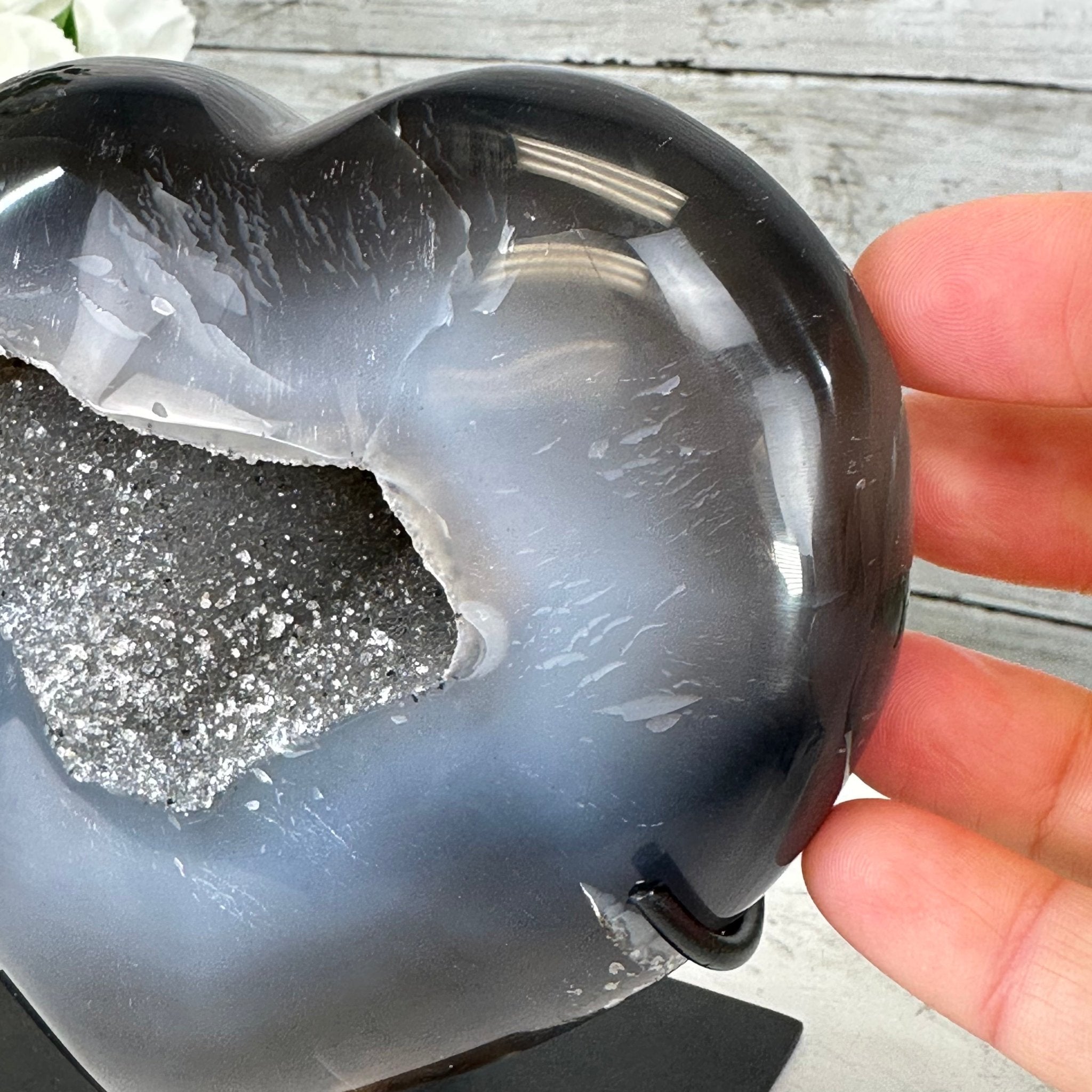 Polished Agate Heart Geode on a Metal Stand, 2.8 lbs & 5.3" Tall, Model #5468-0053 by Brazil Gems - Brazil GemsBrazil GemsPolished Agate Heart Geode on a Metal Stand, 2.8 lbs & 5.3" Tall, Model #5468-0053 by Brazil GemsHearts5468-0053