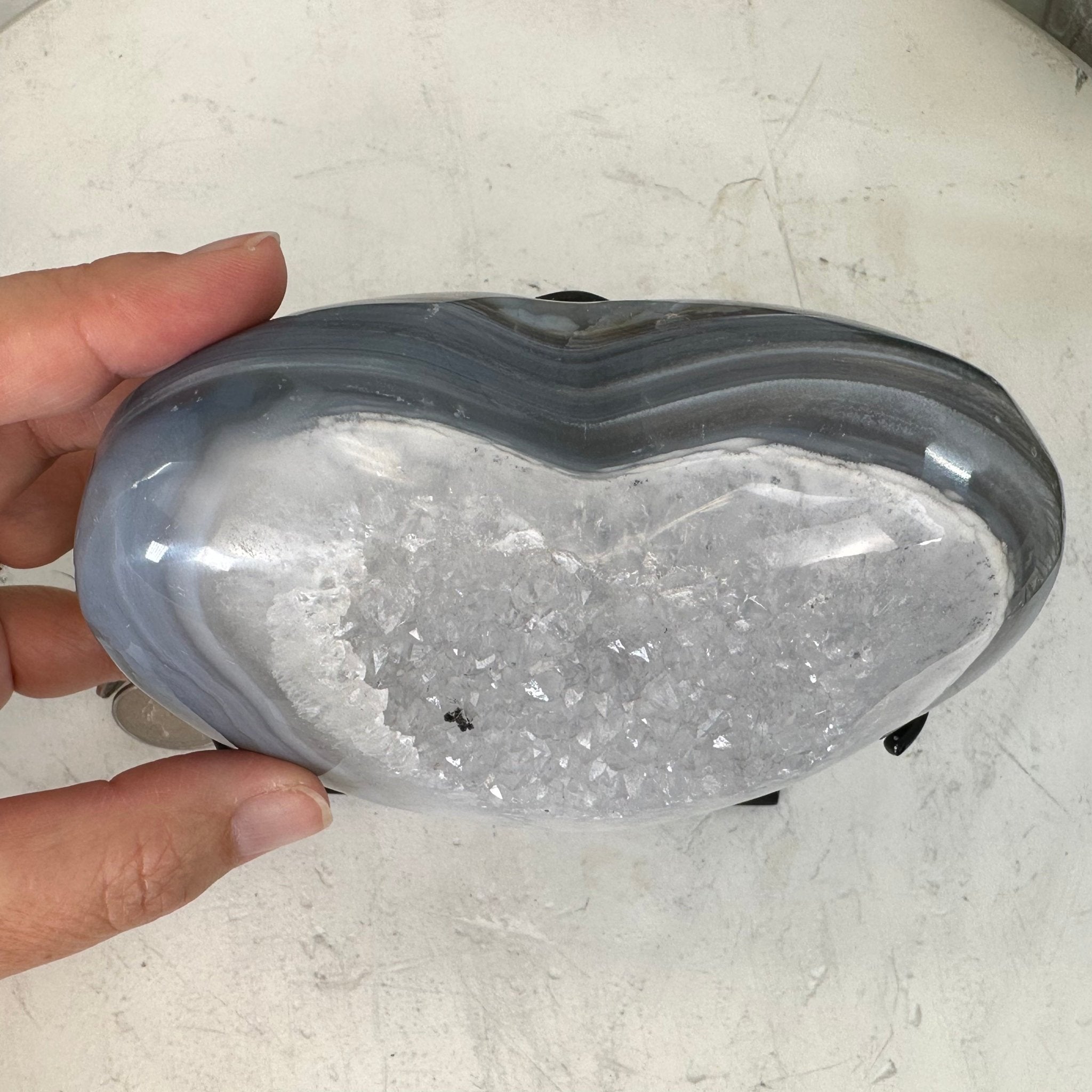 Polished Agate Heart Geode on a Metal Stand, 3 lbs & 5.3" Tall, Model #5468-0046 by Brazil Gems - Brazil GemsBrazil GemsPolished Agate Heart Geode on a Metal Stand, 3 lbs & 5.3" Tall, Model #5468-0046 by Brazil GemsHearts5468-0046
