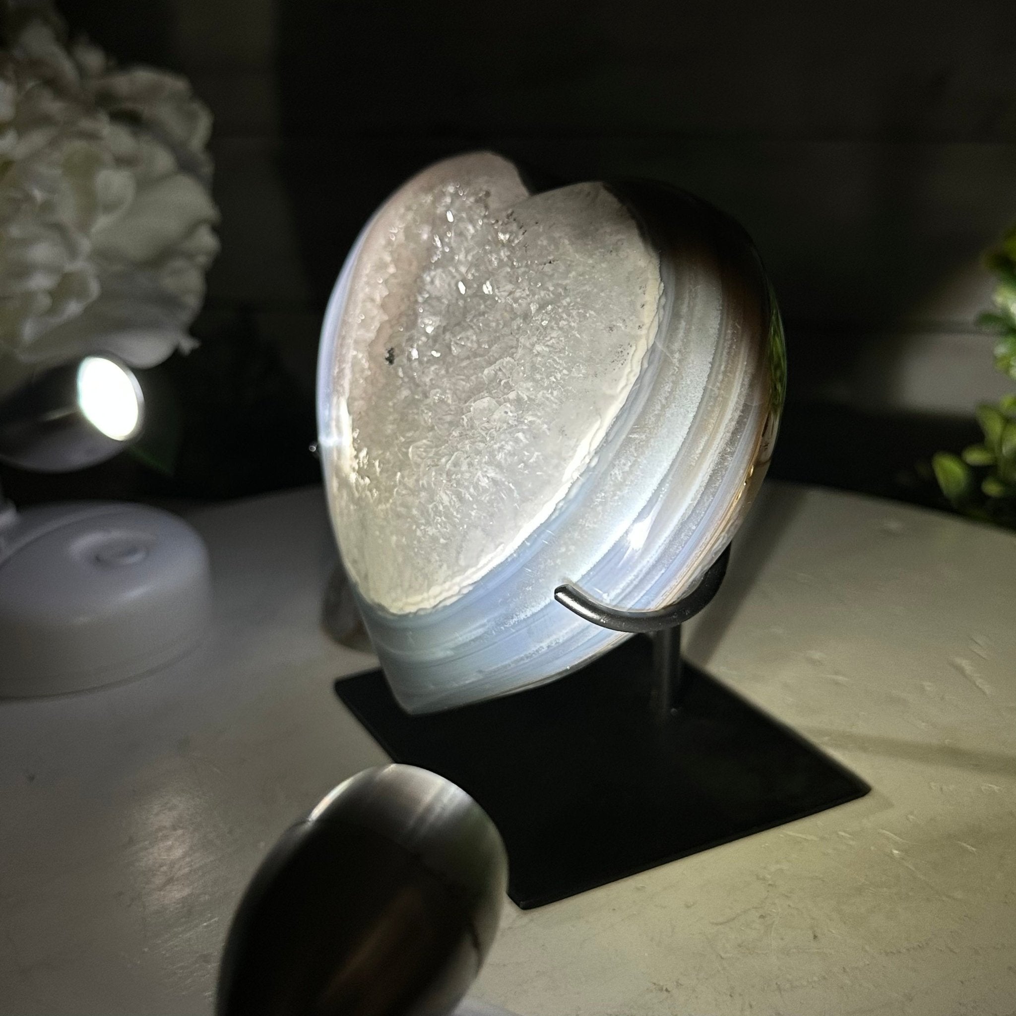 Polished Agate Heart Geode on a Metal Stand, 3 lbs & 5.3" Tall, Model #5468-0046 by Brazil Gems - Brazil GemsBrazil GemsPolished Agate Heart Geode on a Metal Stand, 3 lbs & 5.3" Tall, Model #5468-0046 by Brazil GemsHearts5468-0046