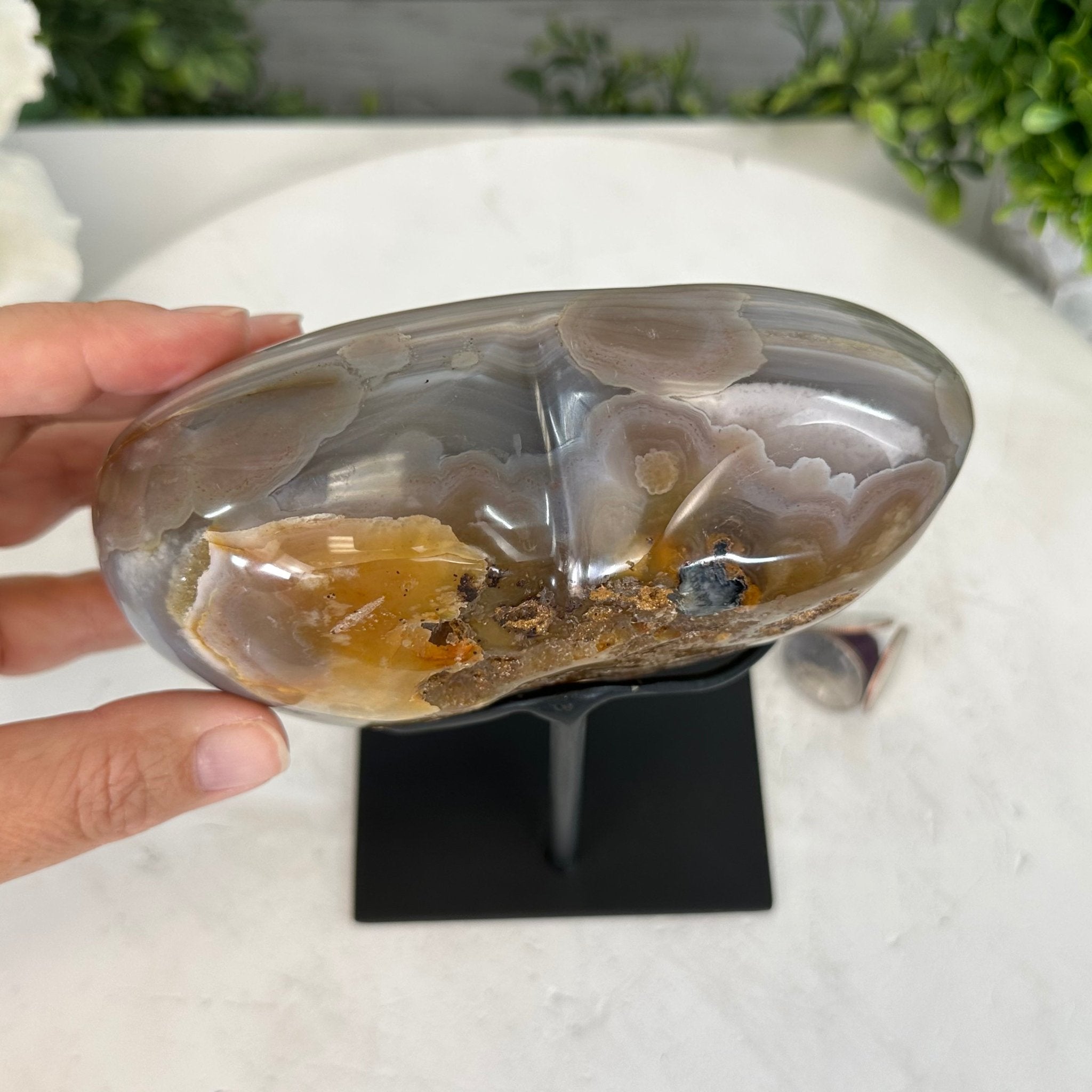 Polished Agate Heart Geode on a Metal Stand, 4.2 lbs & 7.1" Tall, Model #5468-0070 by Brazil Gems - Brazil GemsBrazil GemsPolished Agate Heart Geode on a Metal Stand, 4.2 lbs & 7.1" Tall, Model #5468-0070 by Brazil GemsHearts5468-0070